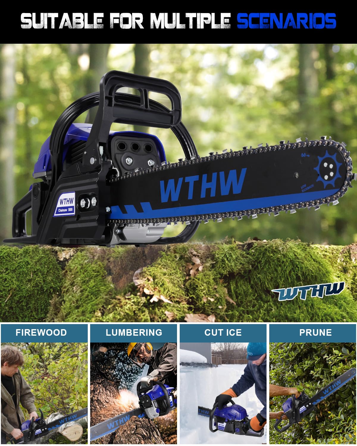 WTHW 58 cc Gas Powered Chainsaw, 20 in & 18 in Quick-Switch Bars – 550 ml Fuel 260 ml Oil Tanks, Automatic Chain Oiler, Centrifugal Air Filter, Quick Start, Inertial Chain Brake (Blue)