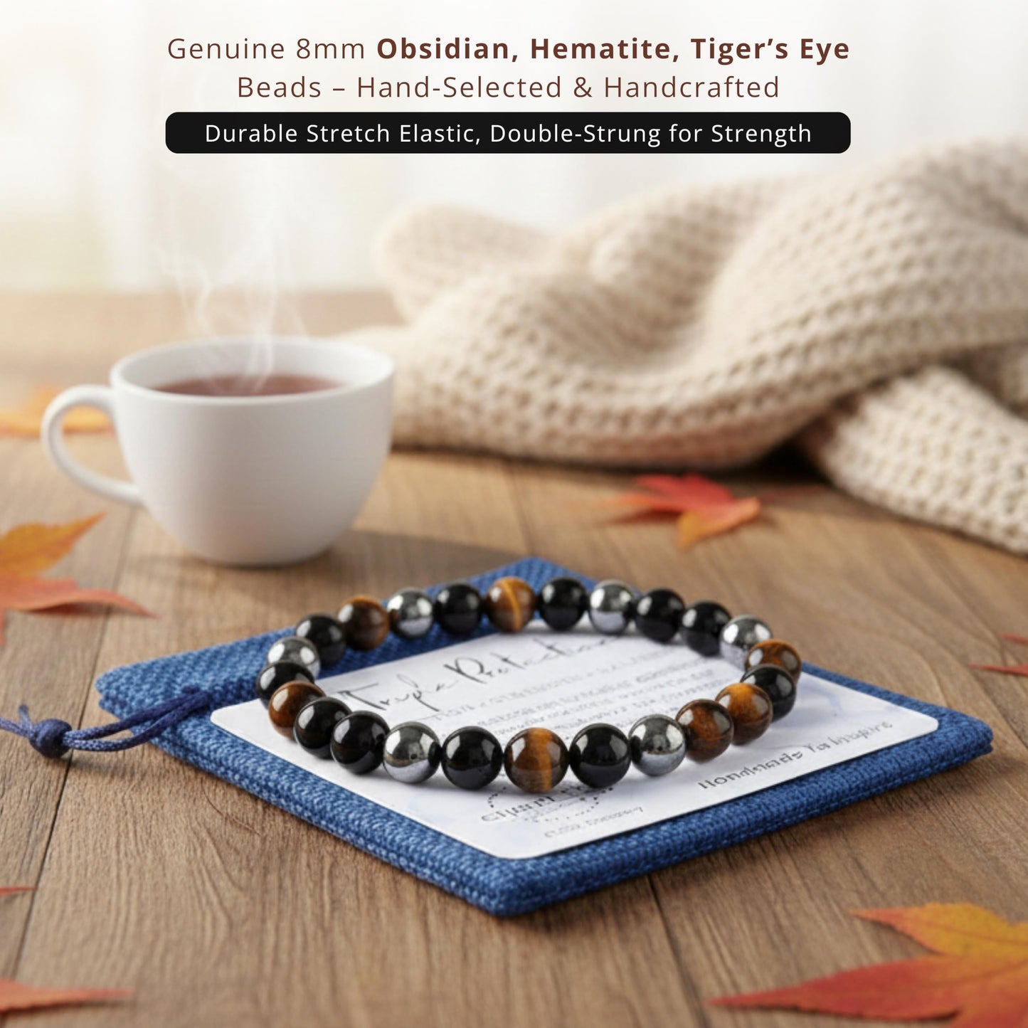 Cherry Tree Collection Triple Protection Bracelet – Handmade Healing Crystal Bracelet with Tiger’s Eye, Black Obsidian & Hematite – 8mm Natural Gemstone Beaded Bracelet for Men & Women – (Small)