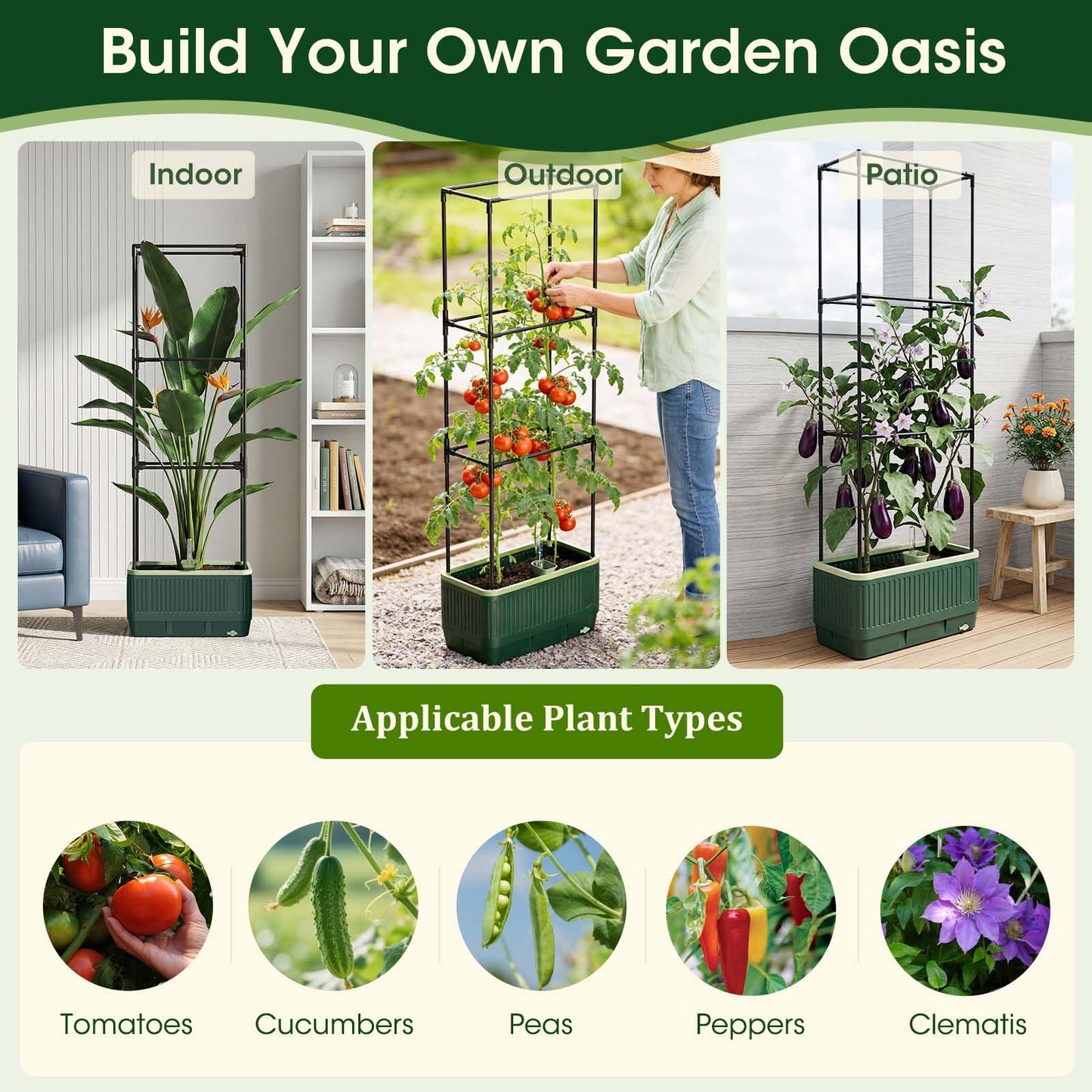 MQHUAYU 51" Self Watering Planter Box with Trellis, Tomato Planter Trellis for Raised Garden Bed, Tomato Cage with Visual Water Indicator, Indoor Outdoor Tomato Cages for Garden Patio