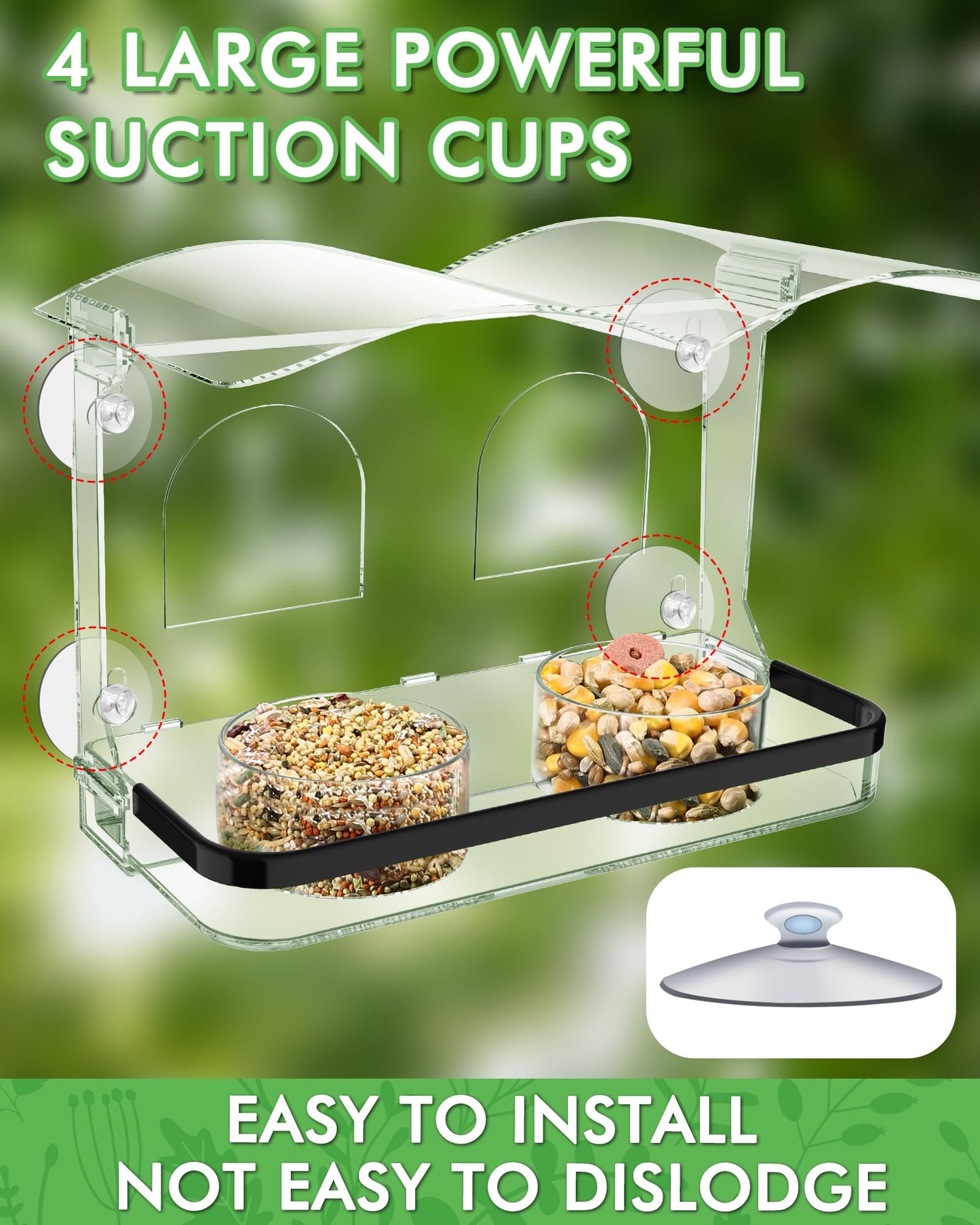 COJOSQC Window Bird Feeder with Strong Suction Cups, Clear Acrylic Design for Close-Up Bird Watching, Durable, Weatherproof, Easy to Install, Large Seed Tray, Drain Holes to Keep Food Dry, For Outdoor
