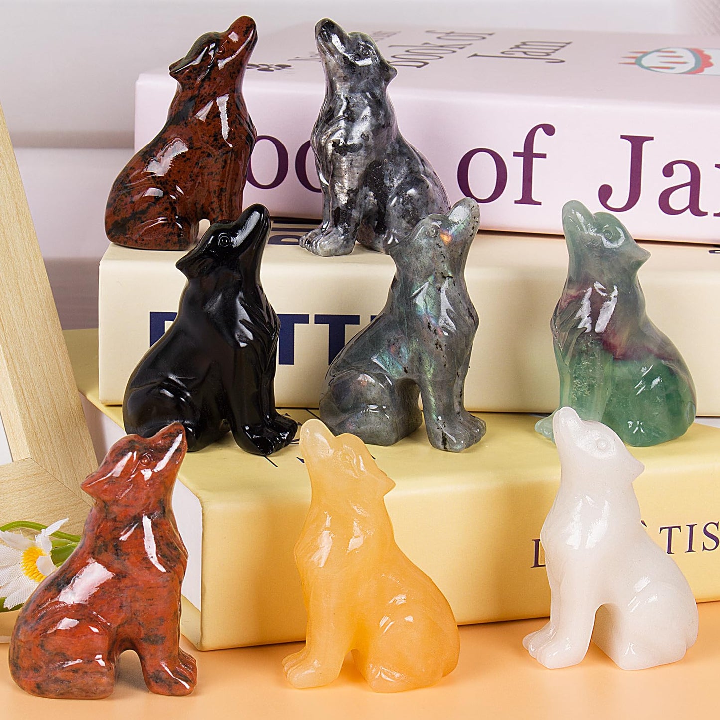 Ytbeoxk 2 Inch Red Sesame Stone Wolf Crystal Statue Wolf Decor Healing Crystal Wolf Figurines Hand Carved Stone Energy Gemstones for Luck Statue in Home and Office Meditation