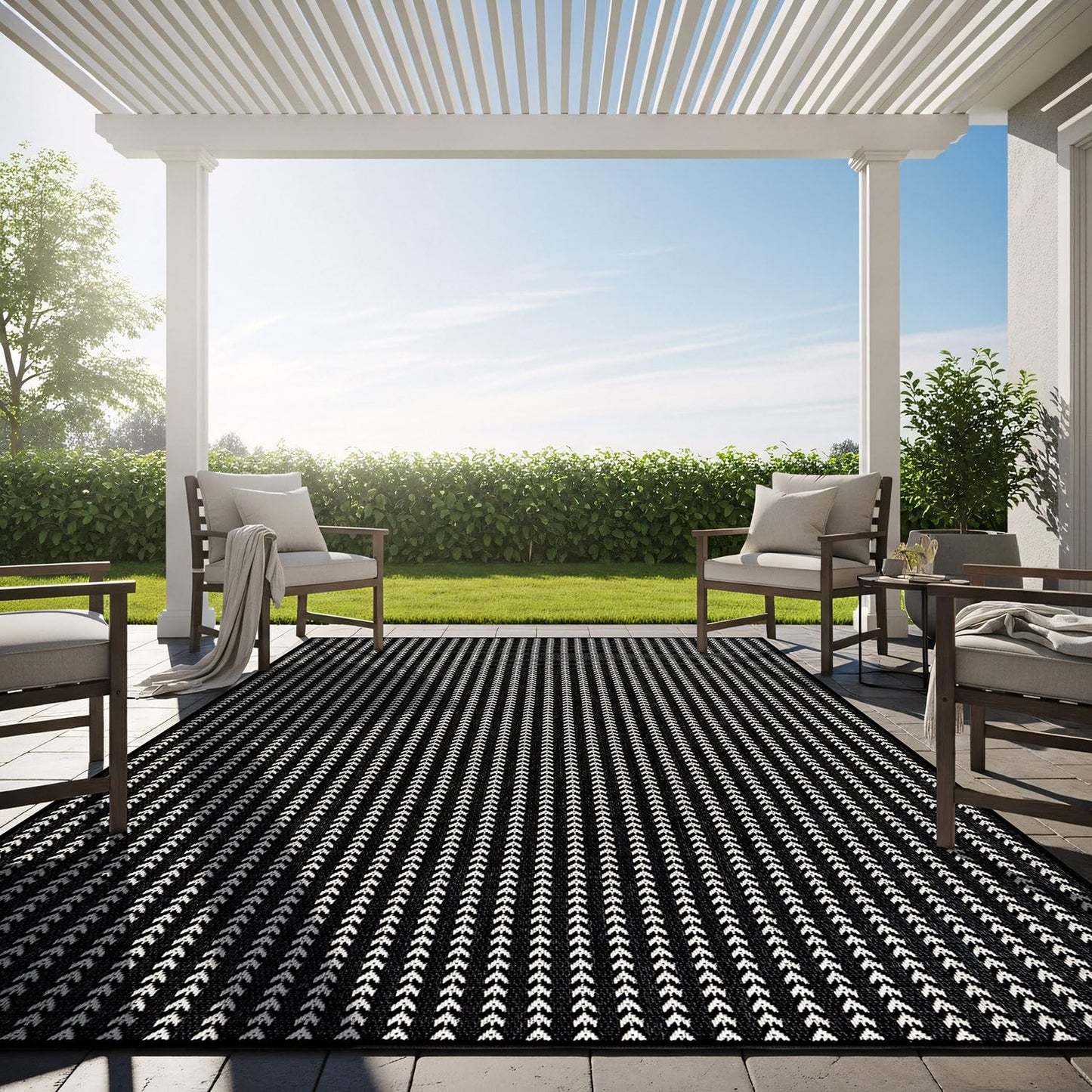 Washable Outdoor Rug 6x9 Modern Area Rugs Outdoor Carpets Striped Pattern Non Shedding Waterproof Easy Clean Patio Deck Porch Living Room Bedroom Garden RV (6 X 9 Black)