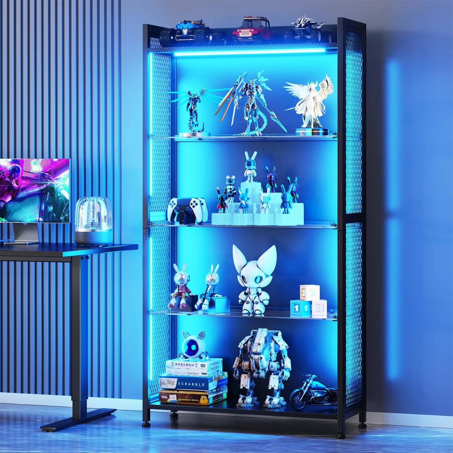 AODK Display Case with LED Lights, Display Cabinet with Glass Storage Shelves and Industrial Metal Mesh, 4-Tier Display Shelf for Collectibles, Curio Cabinet with Open Shelf, Black
