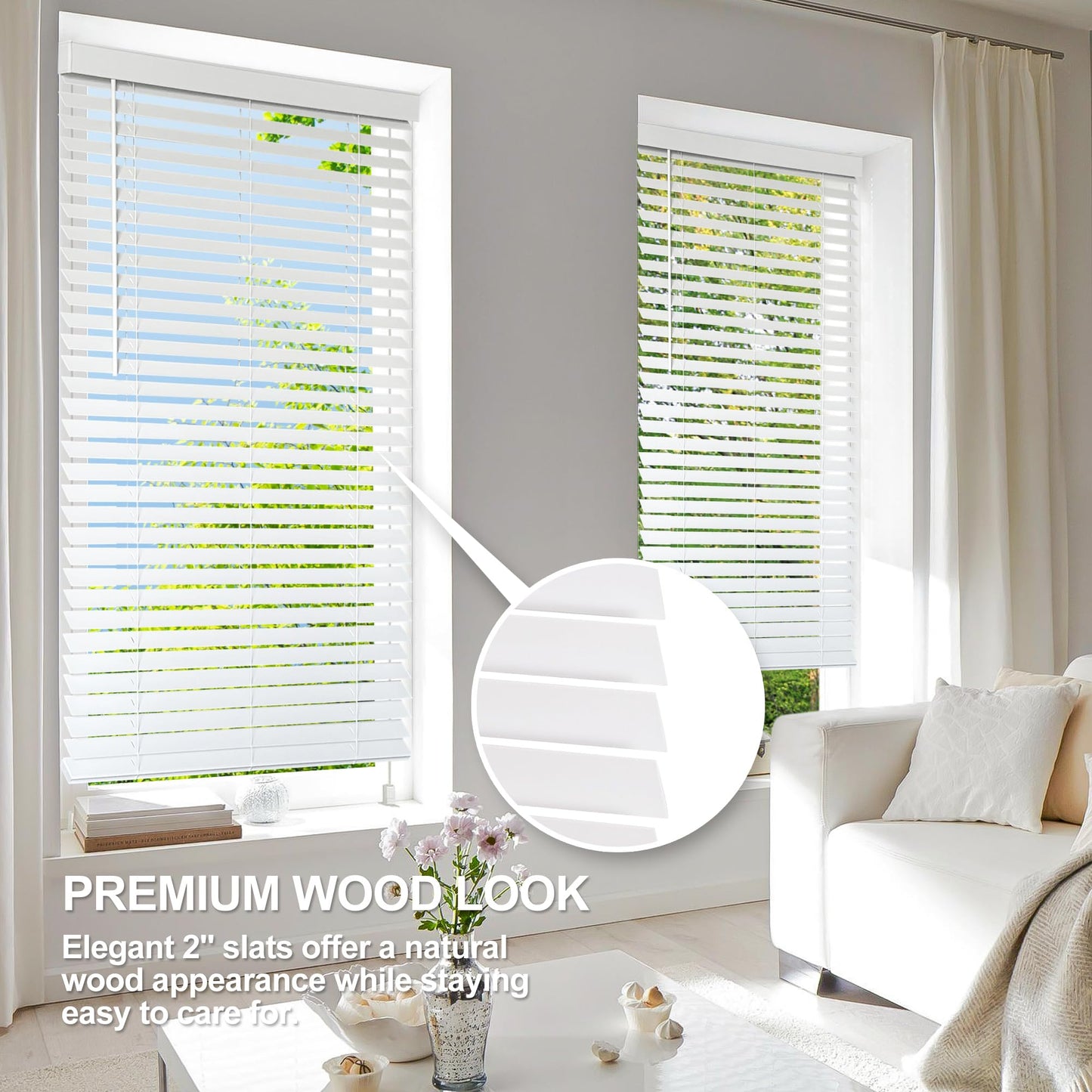 Faux Wood Blinds for Indoor Windows, 35" Width x 60" Height Cordless Window Blinds with Valance for Home, No-Hole Privacy Slats,2" White Blinds for Kitchen, Bathroom & Living Room