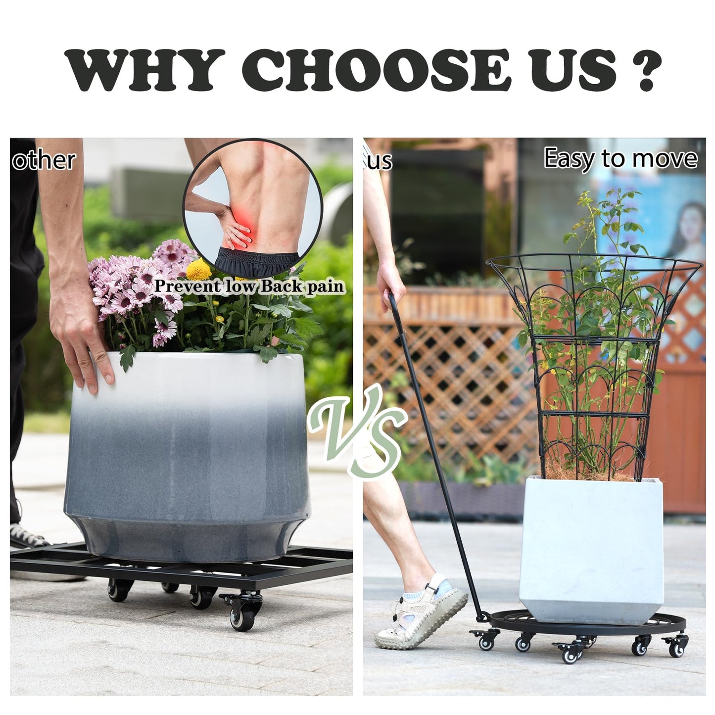 Goooxim 16" Heavy Duty Plant Dolly with Wheels Rolling Planter Base for Indoor/Outdoor Use | Patented Detachable Handle 360° Rotating Polyurethane Wheels Max Load 200 lbs for Large Pots & Planters