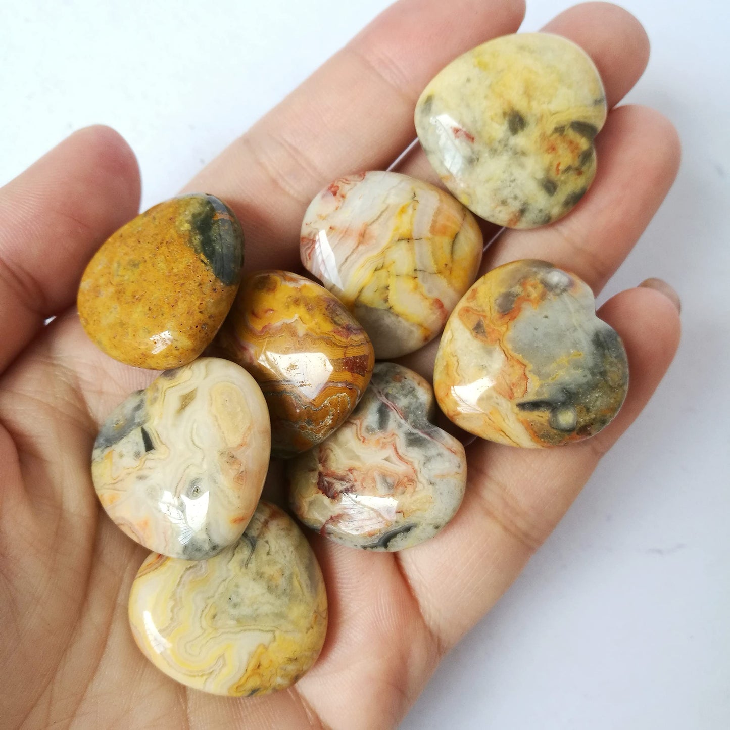 Bacatgem 3 Pcs Natural Yellow Crazy Lace Agate Pocket Palm Thumb Healing Crystal Heart Love Worry Stones,1 inches Reiki Balancing Crystal and Healing Stones
