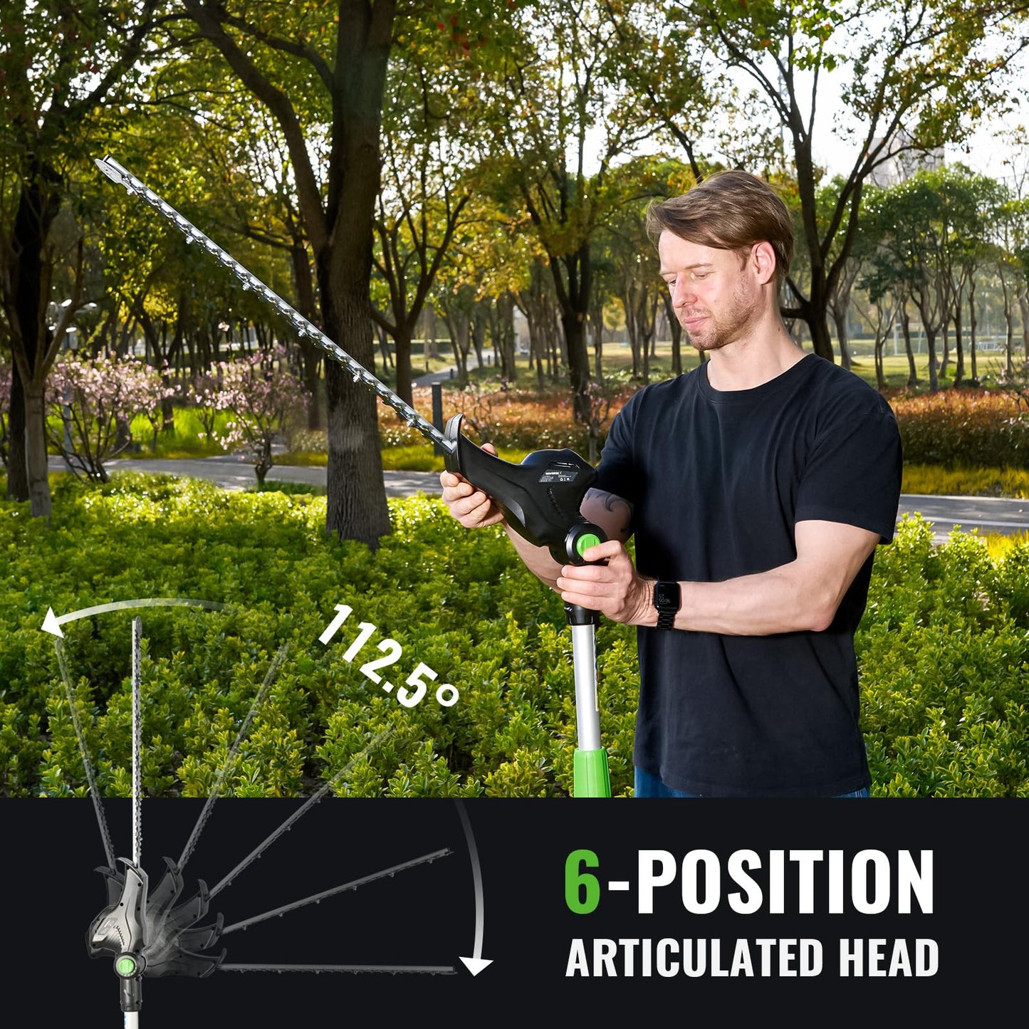 NovorikX Pole Hedge Trimmer Cordless 20V with Battery Powered 20-Inch Electric Hedge Trimmers 15-FT Reach with Extension Pole Multiple Angles for Shrubs Pruning Bush Trimmer