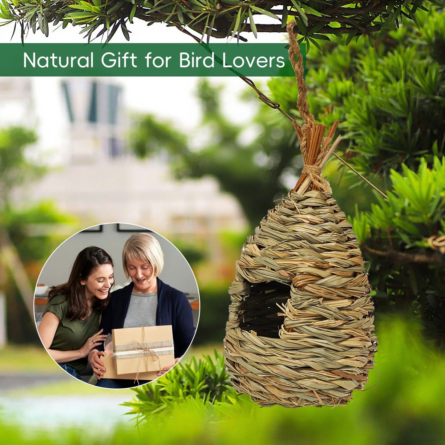 Gute Hummingbird Houses for Outside Hanging, Natural Grass Hanging Bird Hut, Hand Woven Bird Nest, Large Wren Finch Bird House for Garden Window Outdoor Home Decoration, 3 Pack