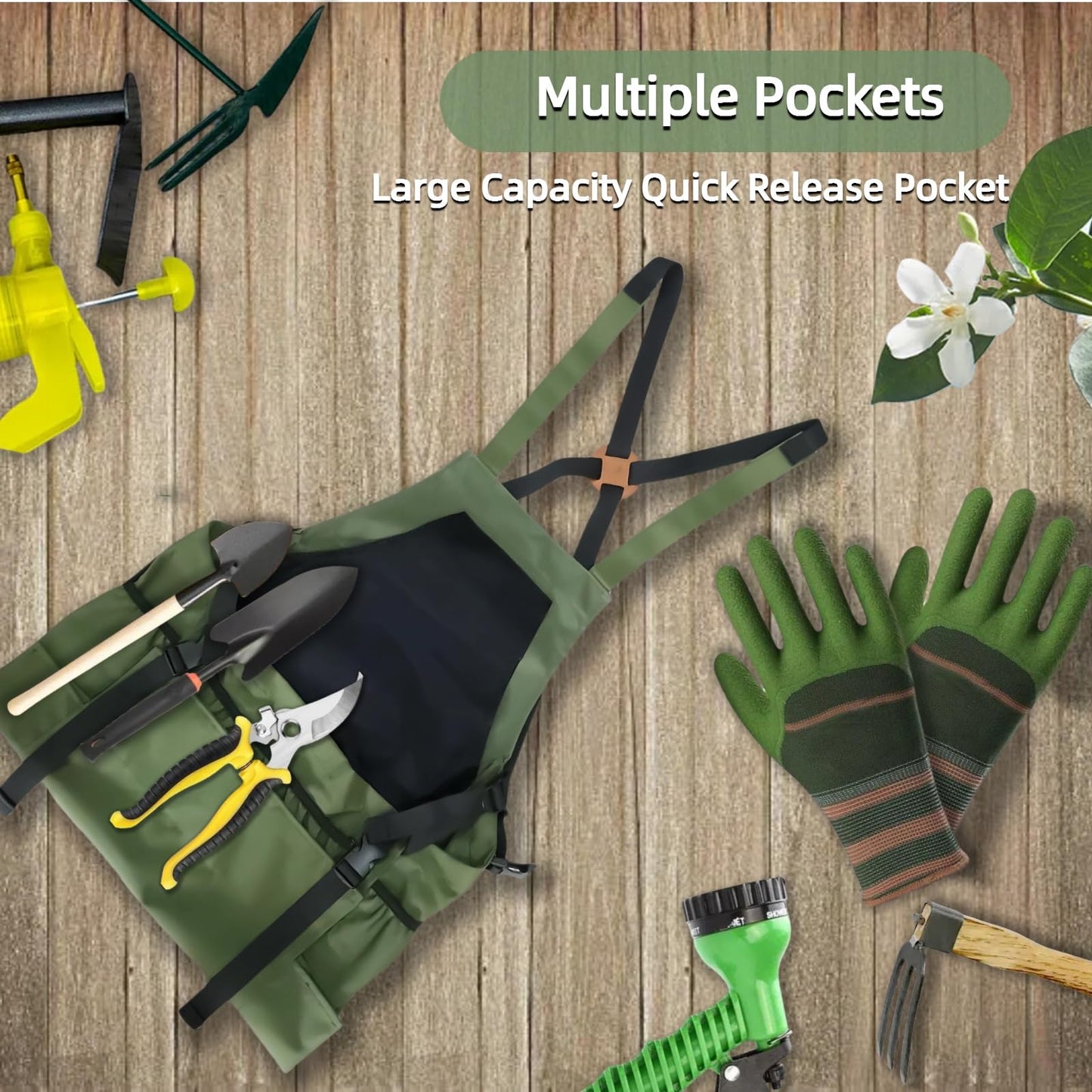 Silanit Garden Apron with Green Gloves-Adjustable Waist, Water-Repellent Gardening Apron with Pockets for Gardening and Kitchen Tasks