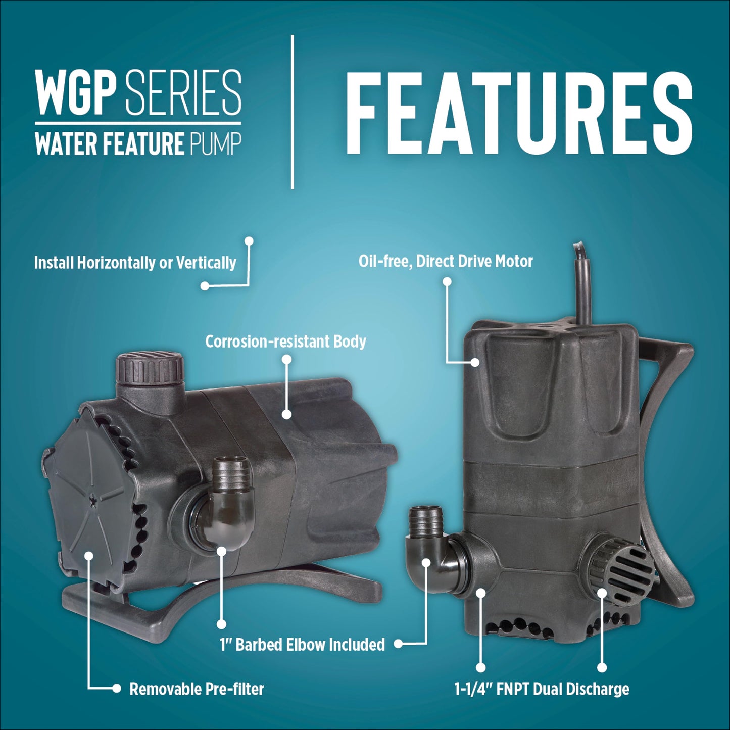 Little Giant WGP-80-PW 115 Volt, 3500 GPH Dual Discharge Direct Drive Submersible Waterfall and Pond Pump, Black, 566417