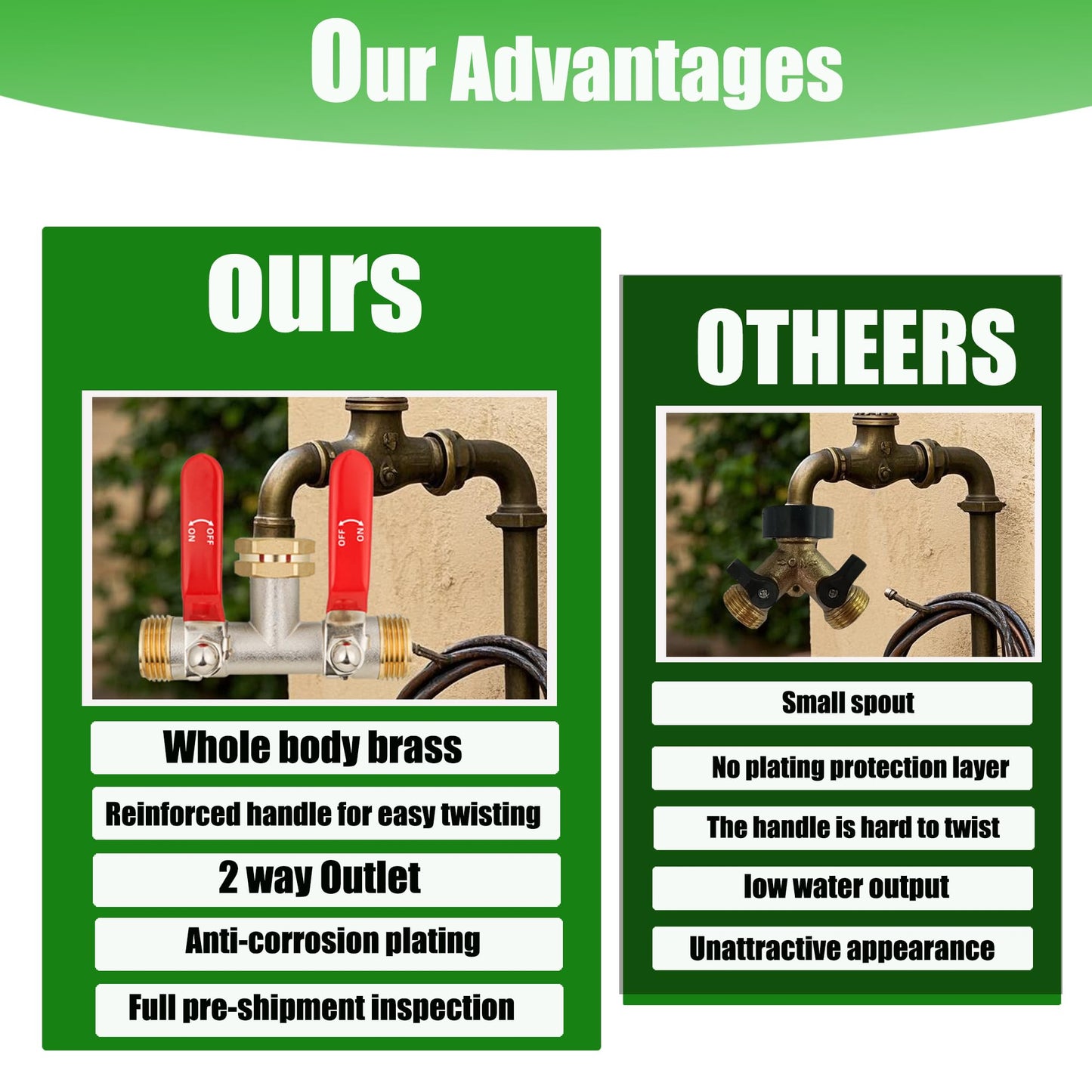 EJW Hose Splitter 2 Way, Garden Hose Splitters, 2 Way Faucet Splitter, Water Spigot Splitter, RV Brass Hose Splitter, Two way Hose Bib Splitter, Double Hose Connector, Hose Valve 3/4 Inch GHT Thread.