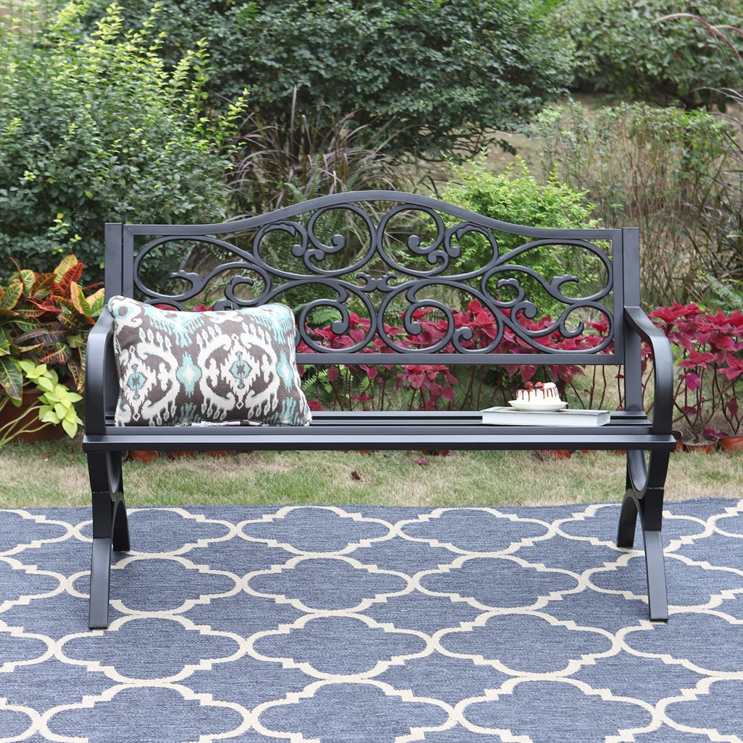 Sophia & William 50" Outdoor Garden Bench Patio Park Bench, Cast Iron Metal Frame Furniture with Floral Design Backrest for Porch Yard Lawn Deck, Black