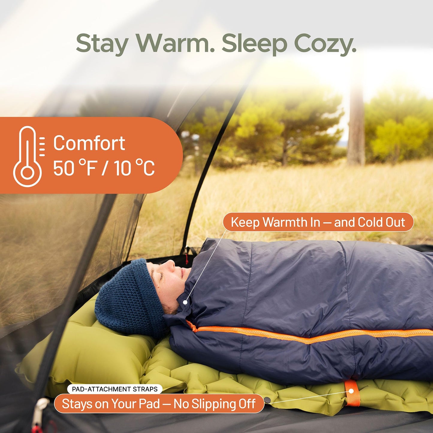 Trekkado DuraHike Lightweight Camping Sleeping Bag for Adults — Roomy Rectangular Comfort, Secure Pad Attachment, Compact & Packable, 10°C / 50°F Comfort – Classic Blue