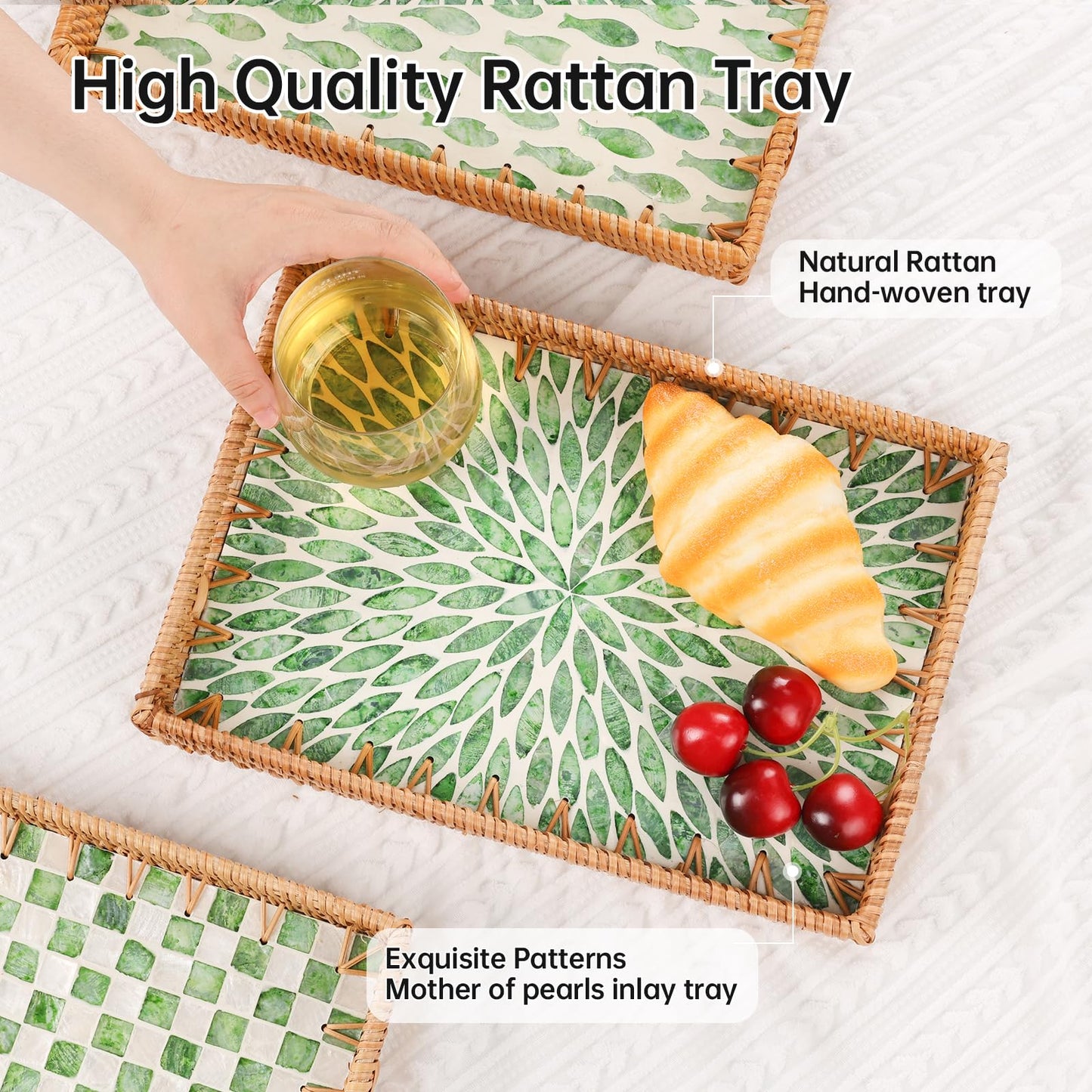 Tynulox Rectangle Rattan Tray with Mother of Pearl Inlay, Rattan Serving Tray with Handle for Coffee, Bread, Fruits, Snacks, Decorative Wicker Tray for Table Decor (Rectangle Green Leaf, 13"×9")