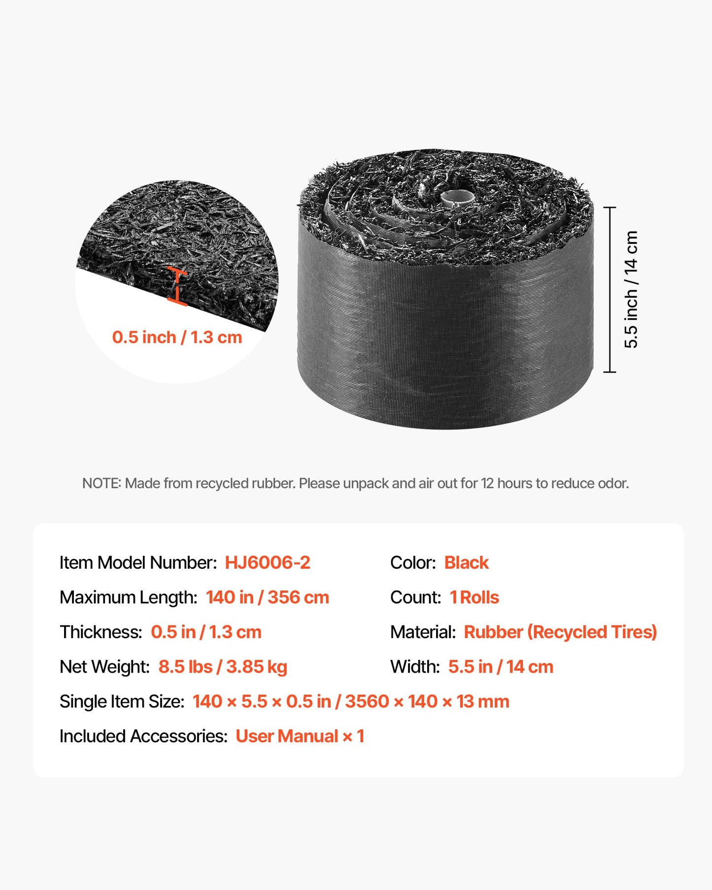 VEVOR Rubber Mulch Mat Roll, 140 x 4.5 in, Recycled Rubber Permanent Mulch Edging Border, Natural-Looking Flower Barrier with Stakes, 0.5 in Thick Cuttable Garden Edgings for Landscaping