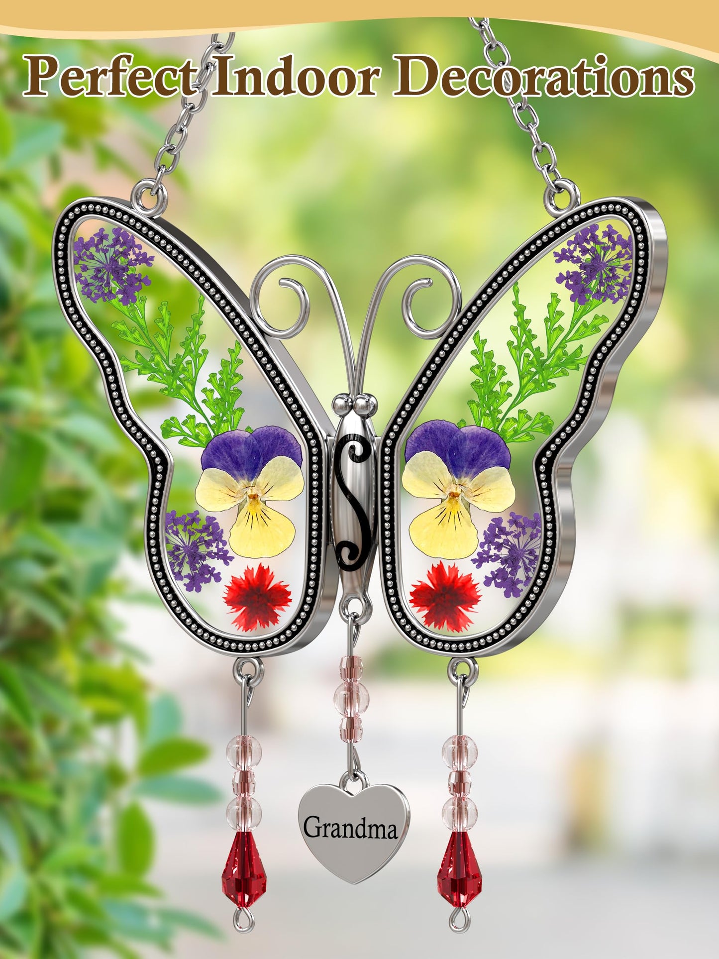 KUNDGLA Butterfly Suncatcher Grandma Stained Glass Sun Catcher for Windows Hangings Ornament with Pressed Real Flower Wings in Glass and Metal Heart Charm Birthday Gift for Women Mothers Day Christmas