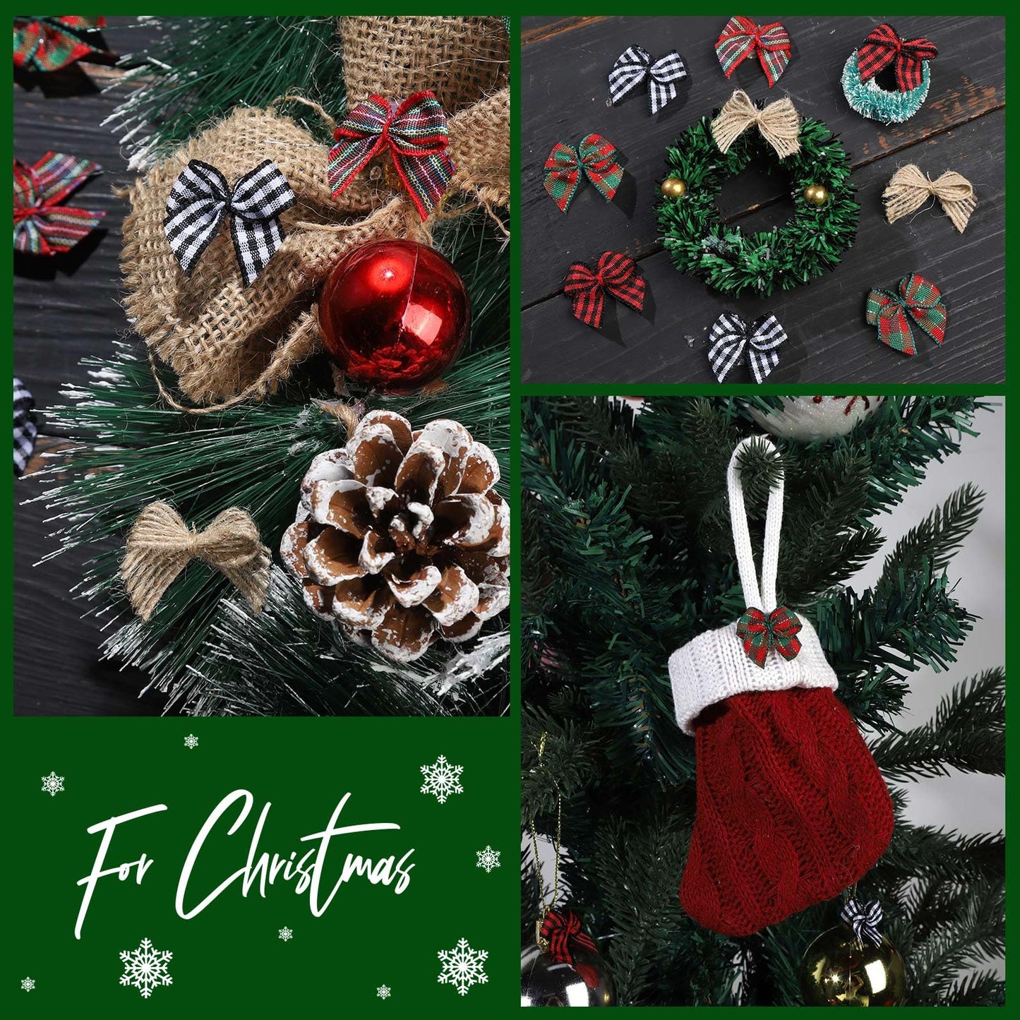YGDZ 100 PCS Mini Christmas Bows, Small Plaid Ribbon Bows for Crafts, 1 Inch Tiny Buffalo Plaid Burlap Bows for Christmas Decor, Gift Wrapping, Christmas Tree Ornament Bows