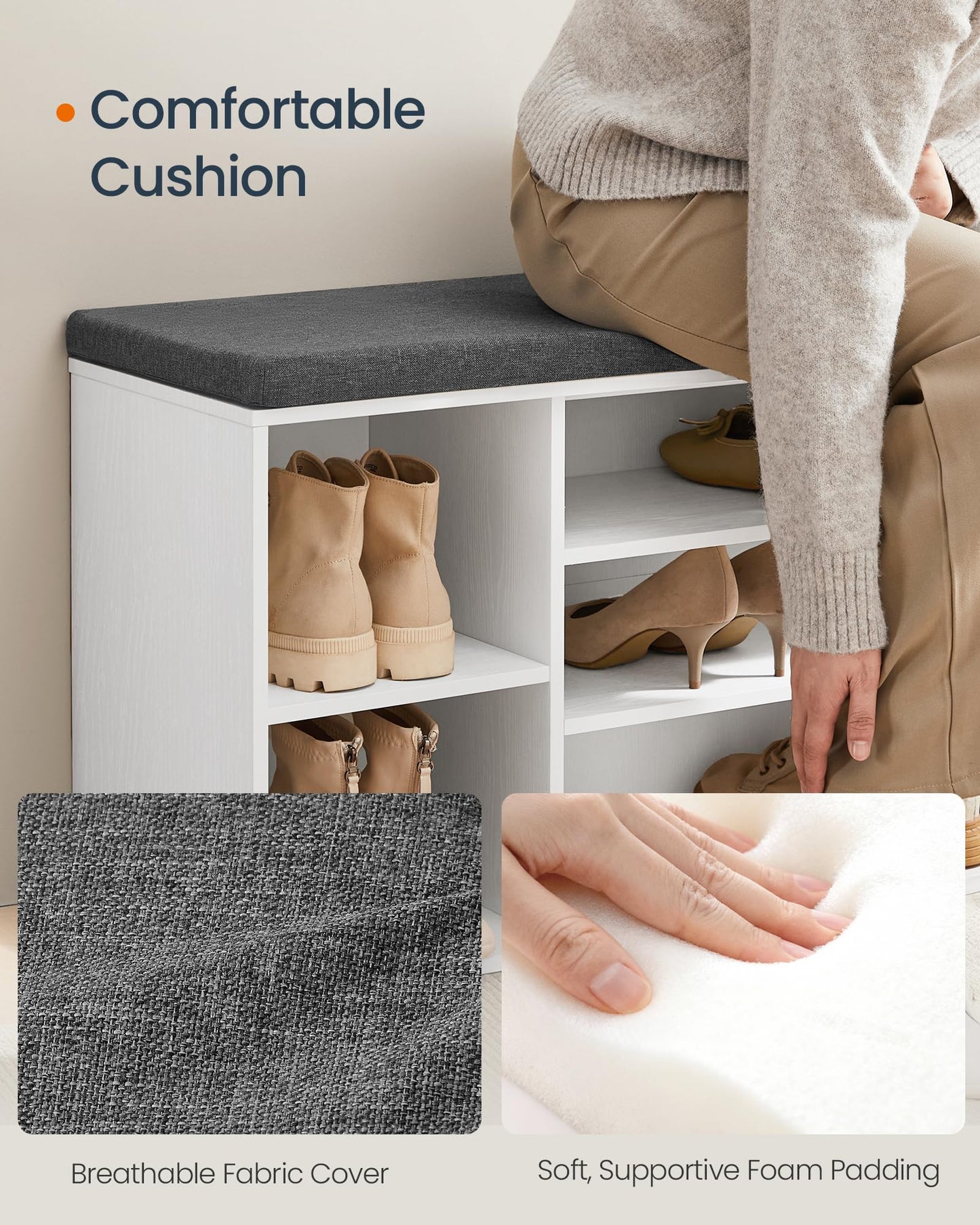 SONGMICS HOME Storage Bench, Superfast Toolless Assembly, 41" Wide Entryway Shoe Cubby Bench with Cushion & Adjustable Shelves, Window Shoe Rack Cabinet, Snow White and Slate Gray ULHS391WE02S