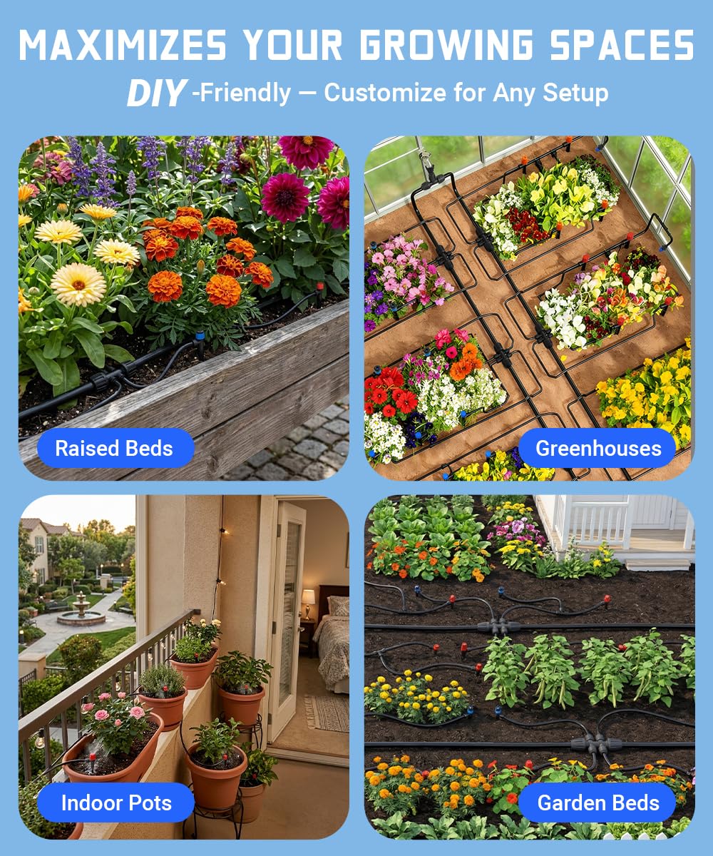 237FT All Quick-Connect Drip Irrigation System Kit with 40 Adjustable Nozzles, UV-Proof 1/2" & 1/4" PE Tubing, for Greenhouse, Lawn & Potted Plants Watering (40FT + 197FT)
