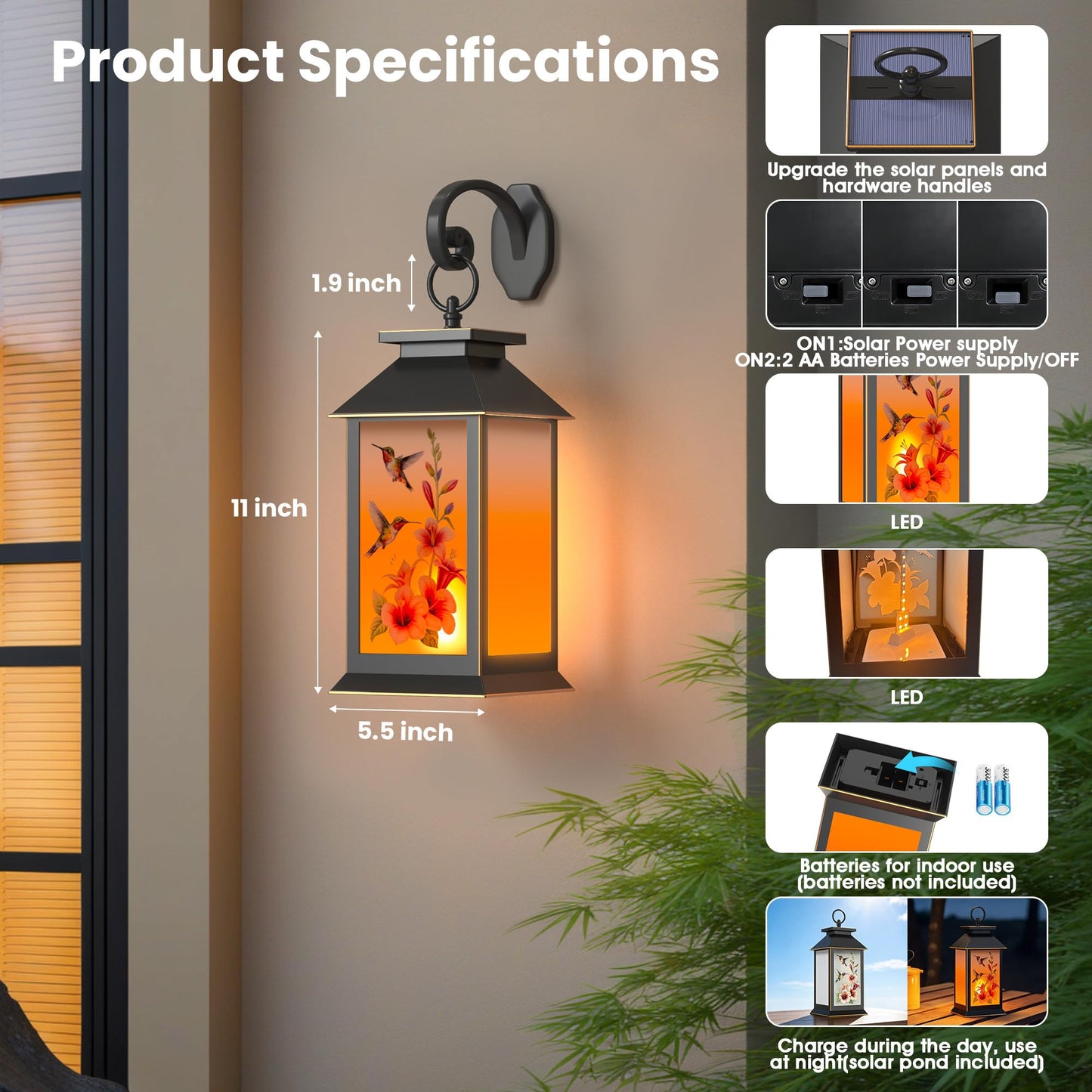 2 Pack Hanging Solar Lanterns, Hummingbird Flame Lantern, Outdoor Waterproof Upgraded Solar and 2 AA Batteries Powered, for Outside Porch, Patio and Indoor Tables, Mantelpiece.