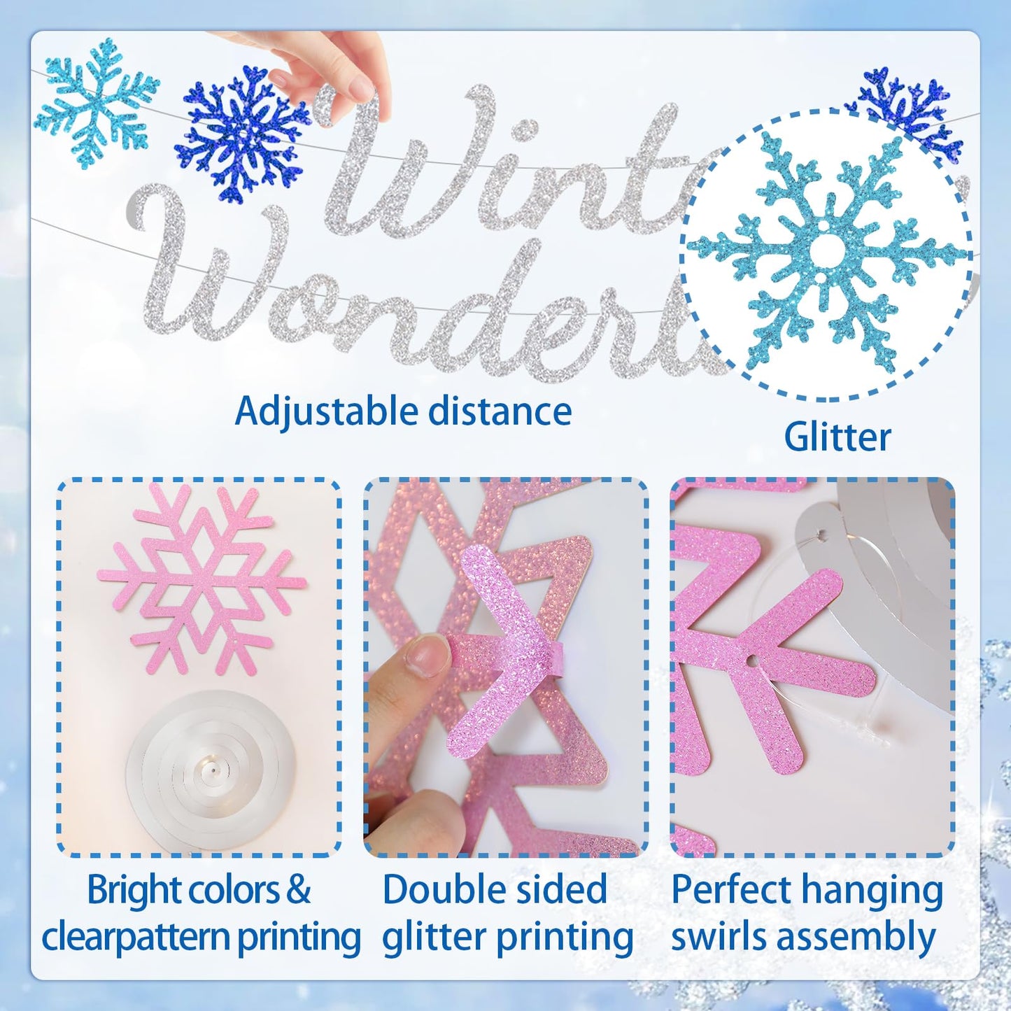 28pcs Winter Snowflake Hanging Swirls Decorations, Winter Wonderland Decorations Snowflake Hanging Swirls Decoration Glittery Ornament Banner for Winter Frozen Baby Shower Party Home Decorations
