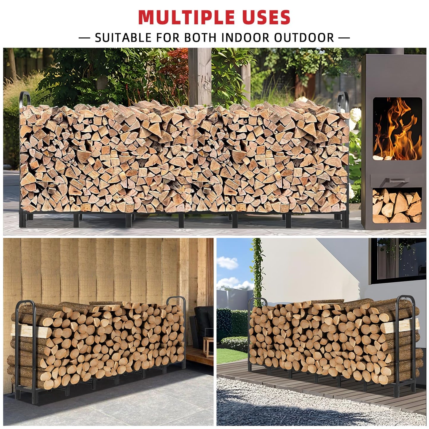 Kendane 8FT Firewood Rack Outdoor, Heavy Duty Adjustable Firewood log Storage & Holder, Wood Pile Lumber Storage Rack Stacking Outside for Courtyard Patio.