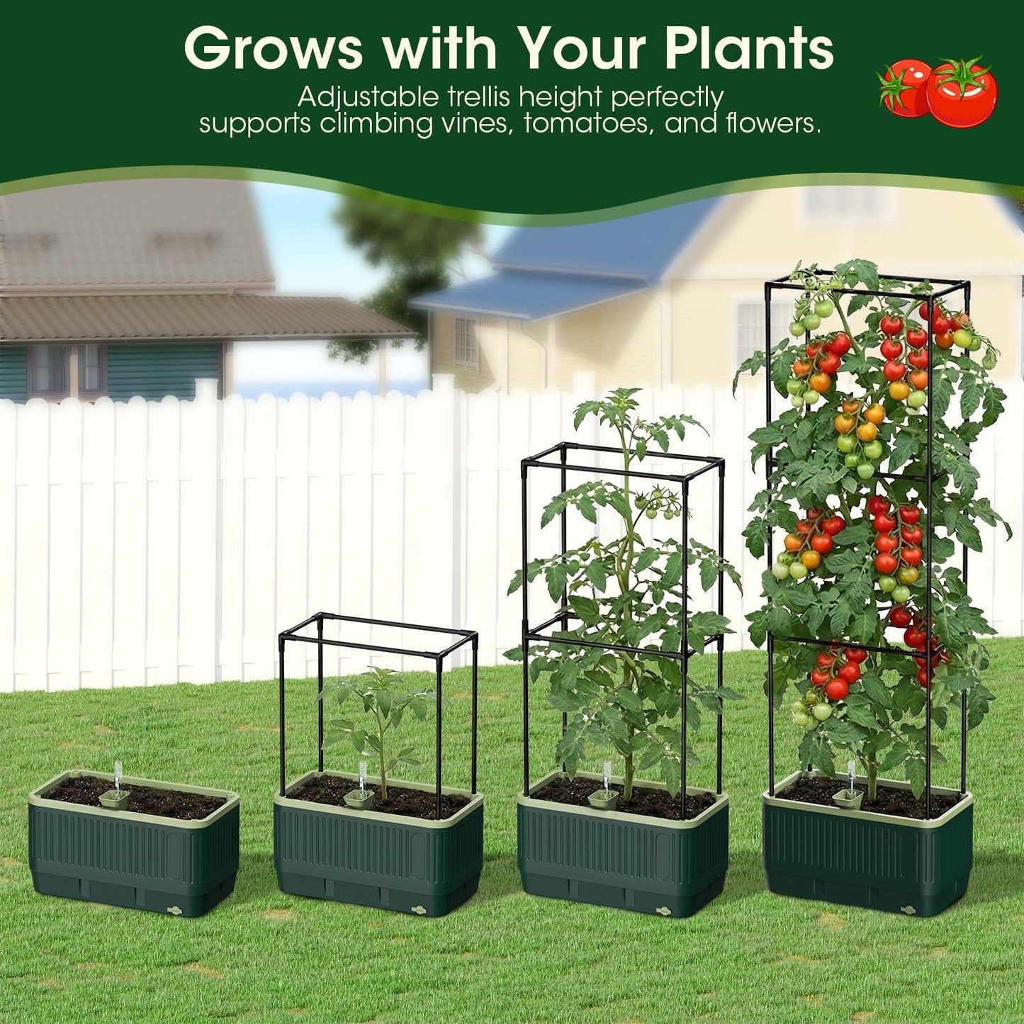 MQHUAYU 51" Self Watering Planter Box with Trellis, Tomato Planter Trellis for Raised Garden Bed, Tomato Cage with Visual Water Indicator, Indoor Outdoor Tomato Cages for Garden Patio