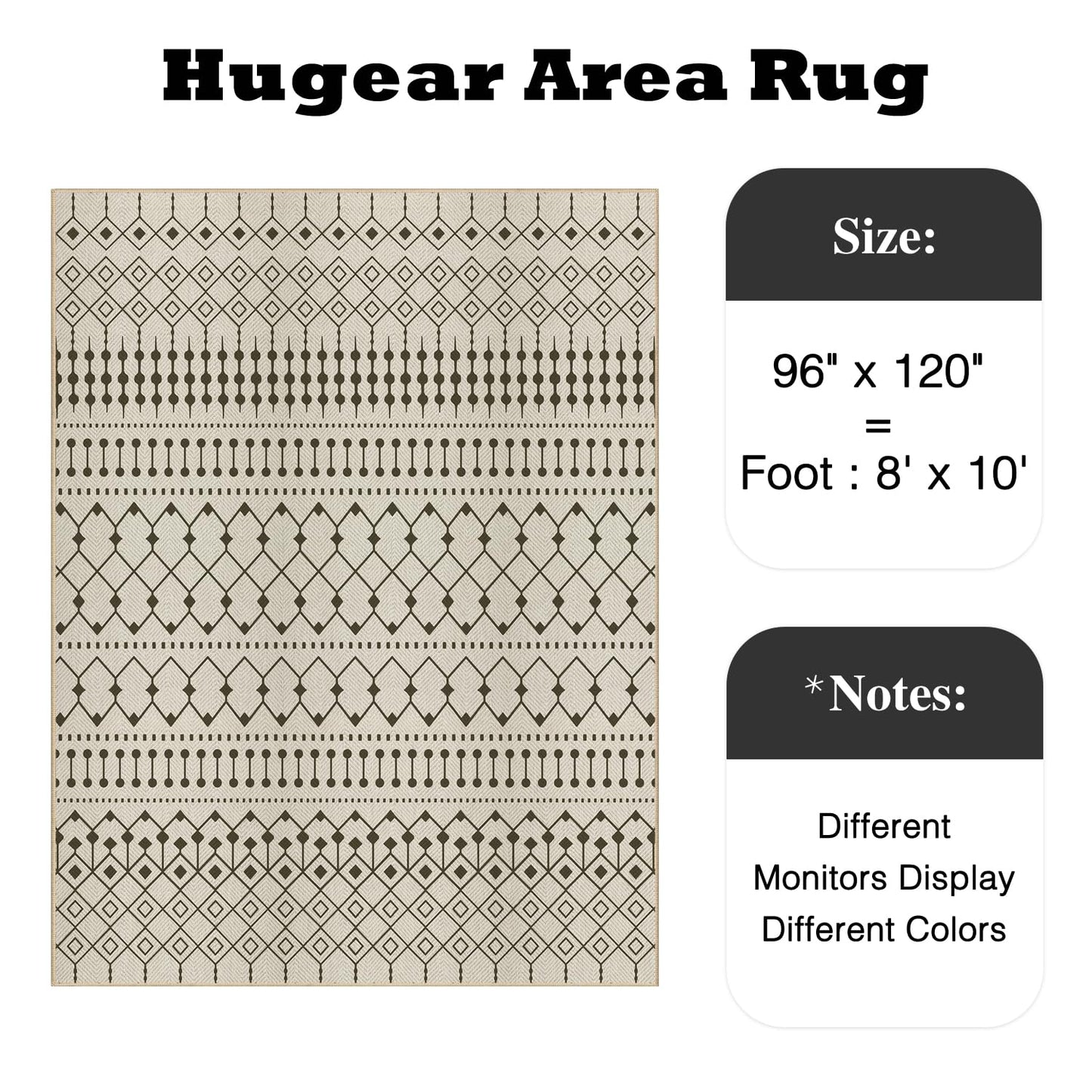 HUGEAR 8x10 Outdoor Rug Black/Beige Linen-Look Fabric Boho Area Rug High Traffic Stain Resistant Easy Clean Durable Rugs for Indoor/Outdoor Patio Deck Balcony Porch Garden Courtyard