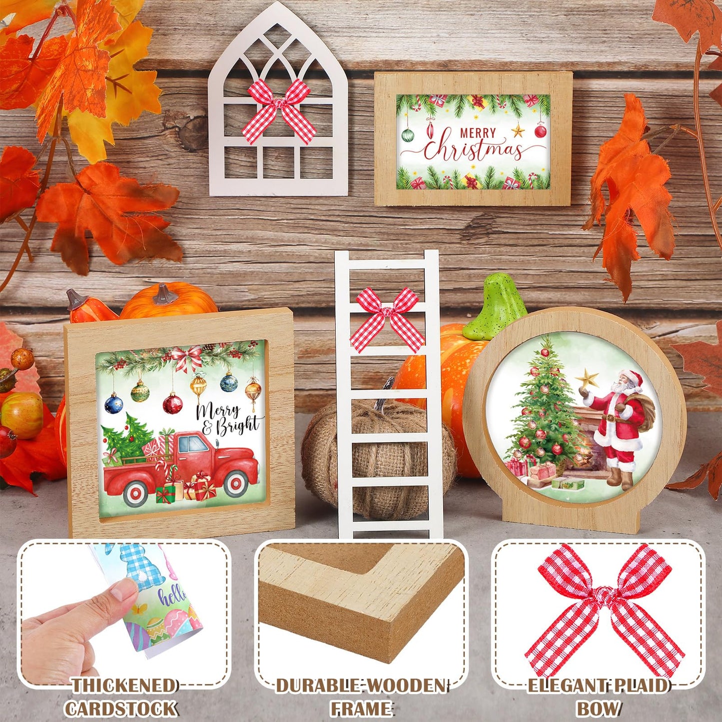 GlikCeil 95 Pcs Interchangeable All Season Tiered Tray Decor Set Farmhouse Holiday Decorations Wooden Frames Ladders with Season Cards Bows for Home Kitchen Valentine Easter Mardi Gras Spring Summer