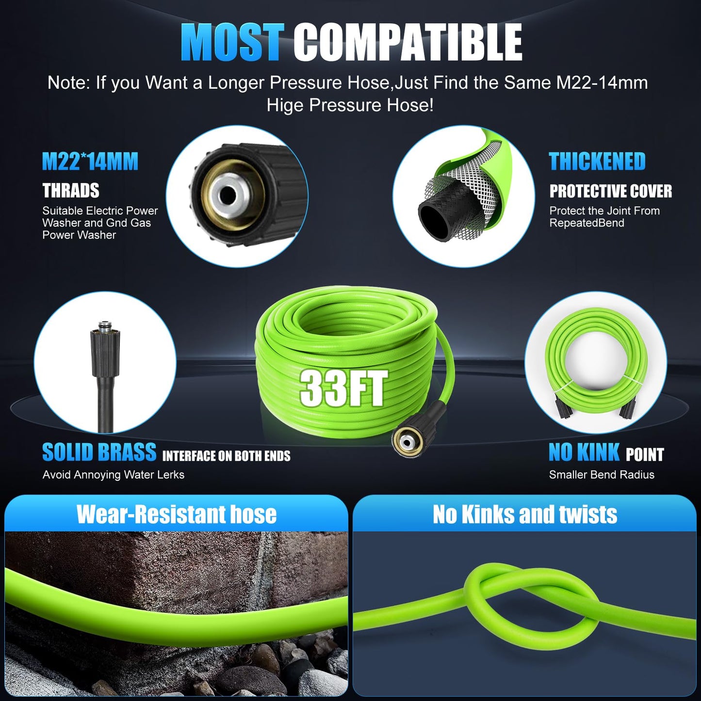 Imdot Adjustable Electric Pressure Washer 5000PSI with 33FT Flexible Extension Hose + 34FT Power Cord, 4 Nozzles, Foam Cannon, Best Power Washer for Cars, Patios, Driveways, Blue