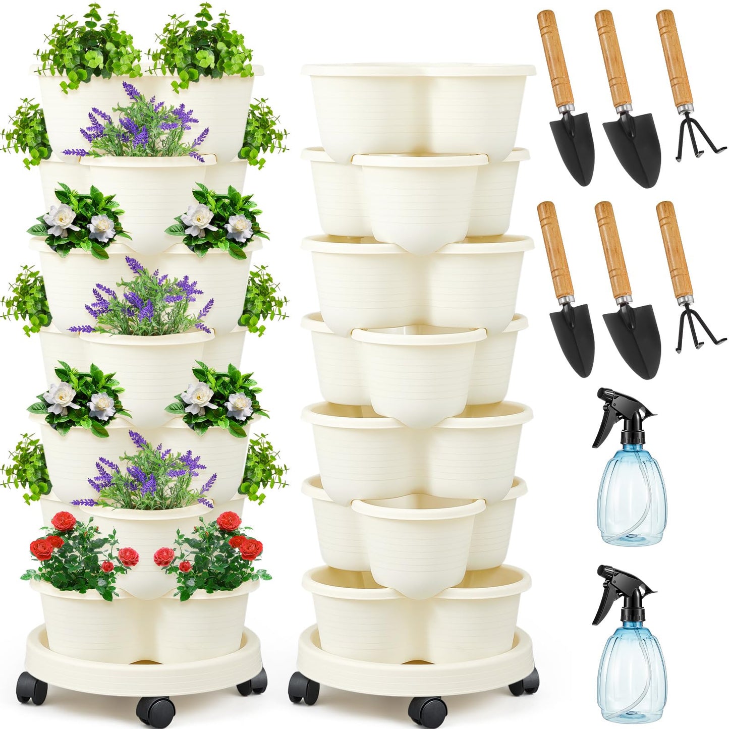 Umigy 2 Set Ivory 2 Set of 7 Tier Stackable Vertical Planters with Removable Wheels and Tools Tower Planters Strawberry Herb Flower Vegetable Pots Indoor Outdoor Gardening Pots