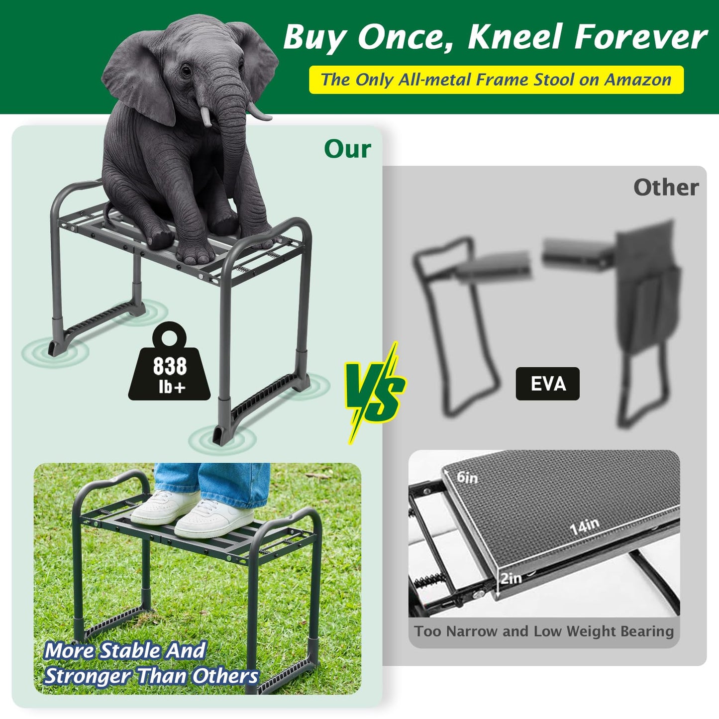 ikkle 838LB+ Capacity Garden Kneeler and Seat - Ultra Heavy Duty Stool Bench with Thick Soft Pad, Gift for Gardeners