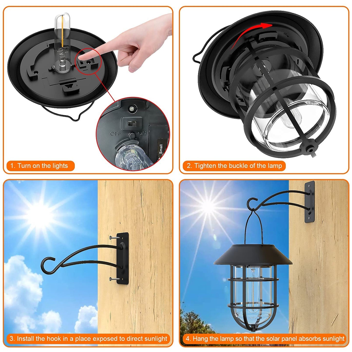 Solar Lantern Hanging Solar Lights Outdoor, Waterproof Metal Wall Lantern with Hooks, Outdoor Wall Lights for Porch, Patio Yard Garden Decor, No Wiring Required, 2 Pack