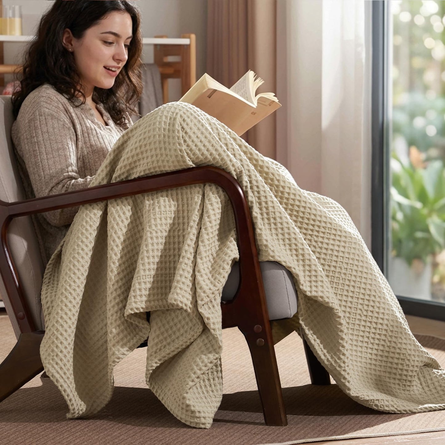 PHF Ultra Soft Waffle Weave Throw Blanket 50"x 60"- Washed Lightweight Breathable Cozy Woven Blanket for Bed - Aesthetic Decor for Couch Bedding Sofa Home Car - Khaki