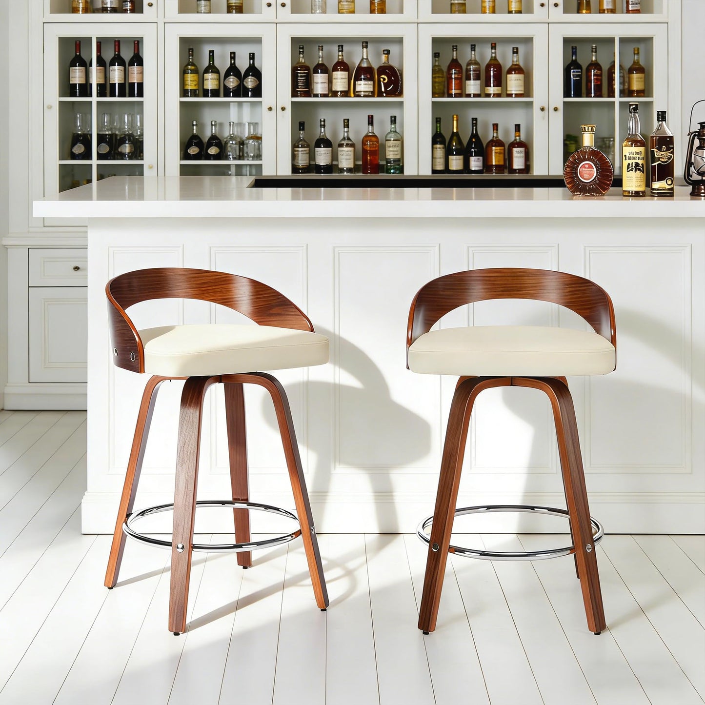 Swivel Bar Stools Set of 2, 24.6" Counter Height Bar Stools, Mid-Century Modern Design, Upholstered Walnut Barstools with Bentwood Curved Back and Legs, Suitable for Kitchen Island, Counter