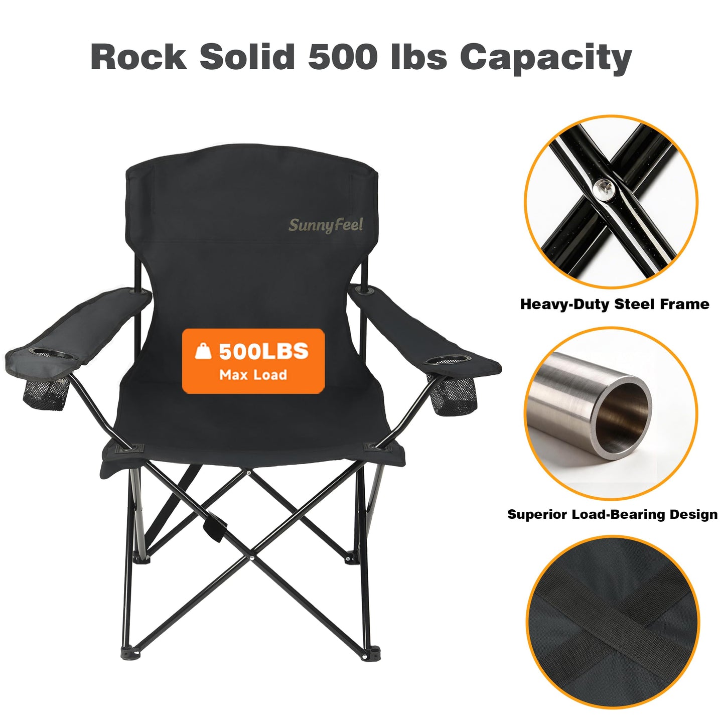 SUNNYFEEL Portable Camping Chair with Side Pockets & Cup Holder 500LBS Capacity Padded Portable Outdoor Chair, Carry Bag Included, Great for Camping, Tailgating, Firepits, Patio, & More Black