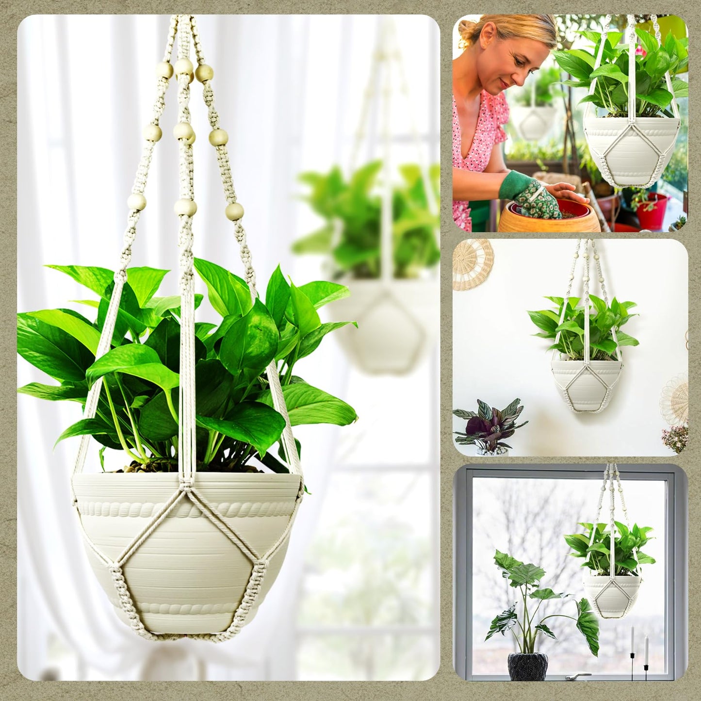 FGSAEOR Macrame Plant Holder Basket, Hanging 3-15 inch Pot, Bearing 20lb Planters, 35 Inches Extra Long Strong Boho Home Indoor Outdoor Décor (2-Pack) (Ivory)