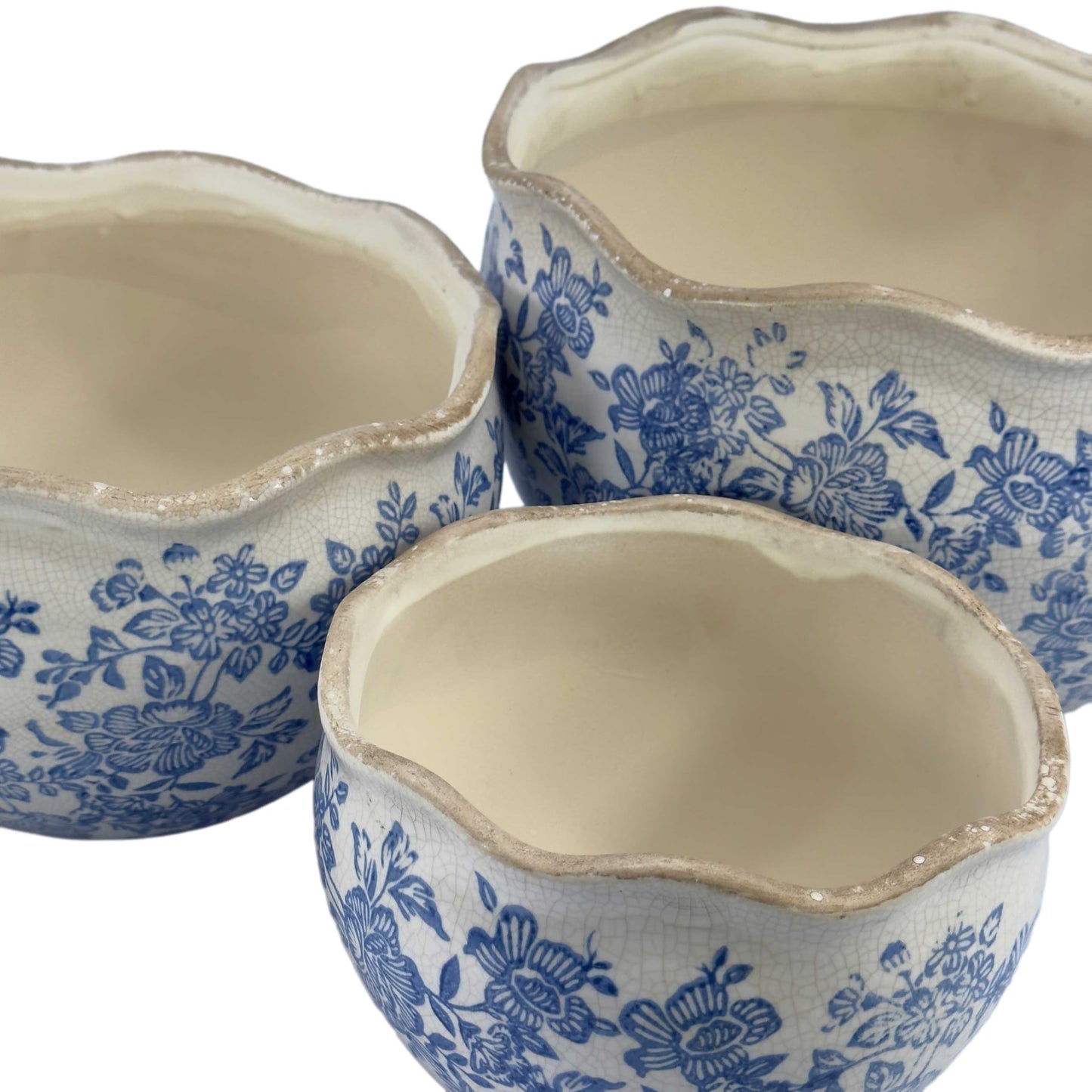 Galt International Ceramic Plant Pots Set of 3 Rustic Vintage Farmhouse Cream Crackle Glaze (11"/ 9.6"/ 7") Garden Indoor Outdoor Flower Planter w/Drainage Hole (Vintage Blue)