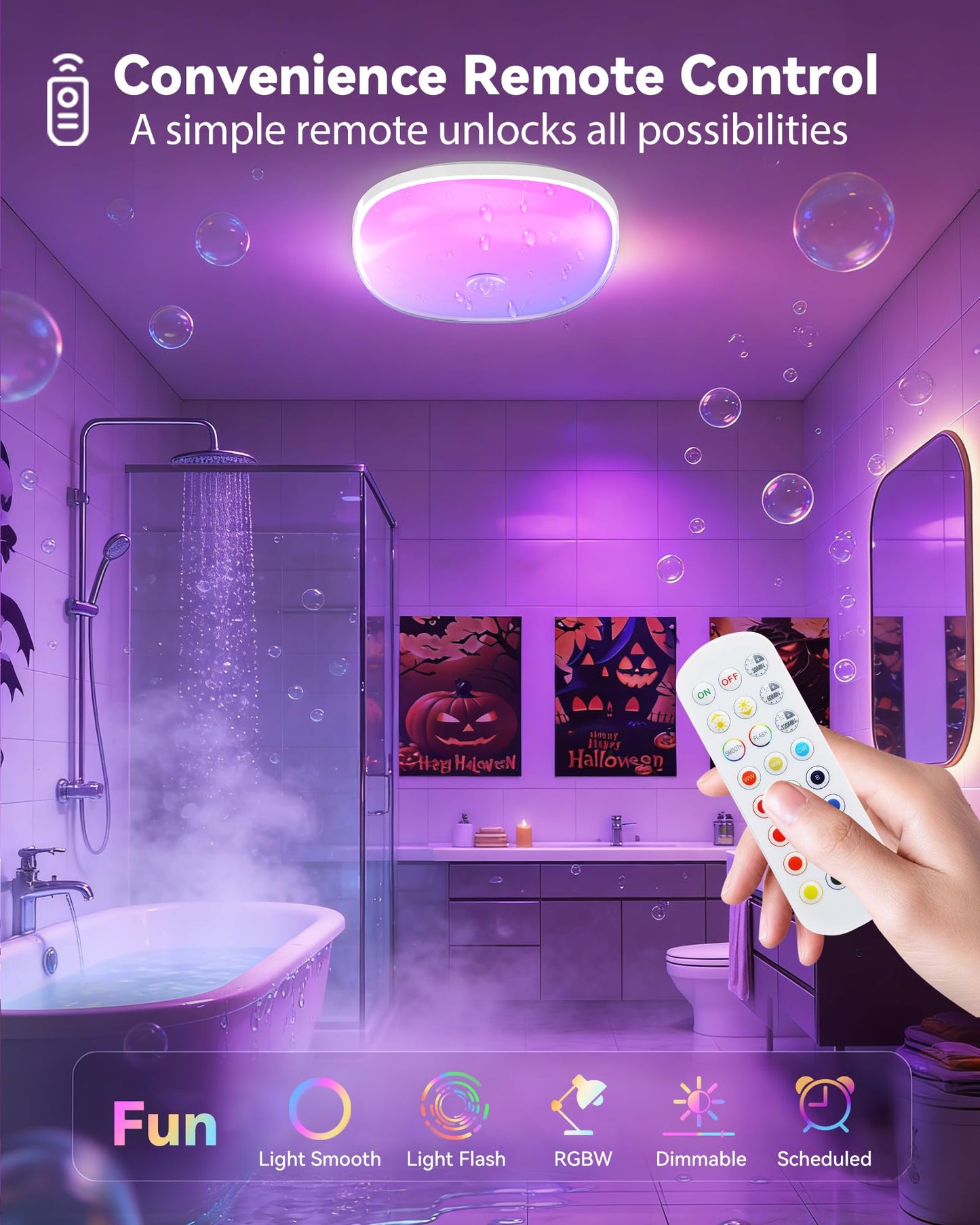 Gotopceed IP65 Waterproof Rechargeable Shower Light - 6″ 300LM Bright, 16 Colors Bathroom Mood Lighting with Touch & Remote, Magnetic Wireless Ceiling/Wall Light for Inside Shower/Bathtub