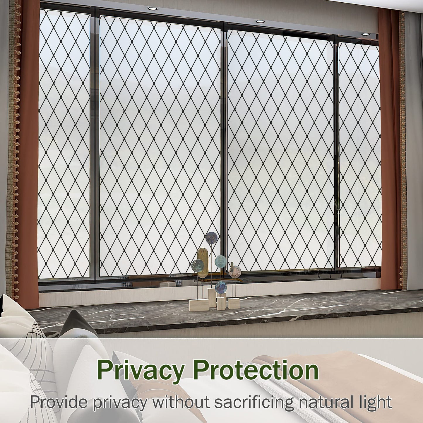 VELIMAX Frosted Black Lattice Window Film Static Cling Window Privacy Films Decorative Glass Vinyl Film for Windows Removable Sun Blocking Anti-UV 17.7x78.7 inches