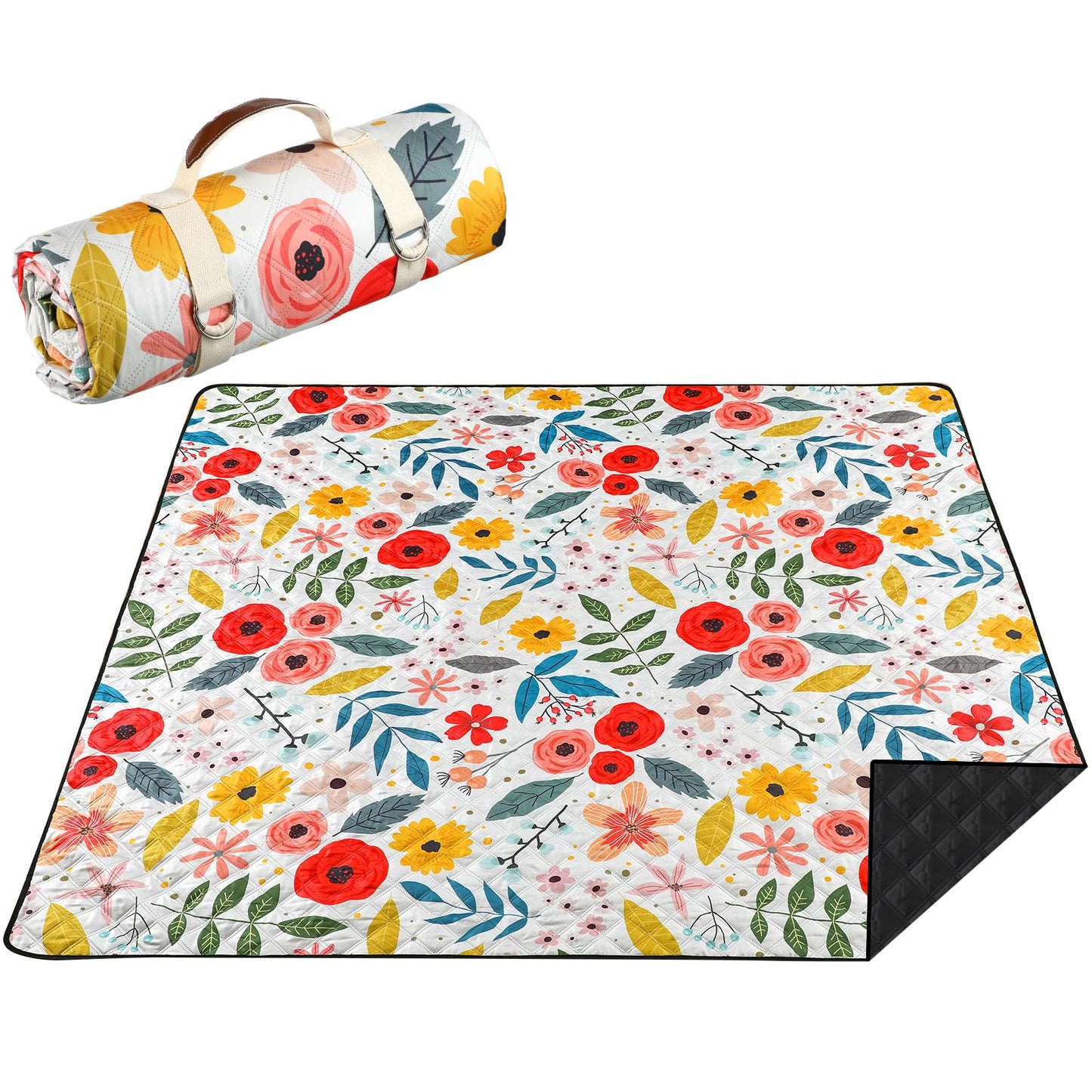 Tegeme Beach Picnic Blanket Floral Waterproof Outdoor Blanket 80''x80'' Extra Large Portable Sandproof Machine Washable 3 Layer Thick Gingham Picnic Mat for Beach Camping Park Grass(Beige)