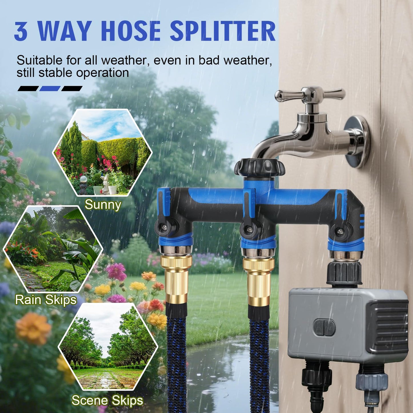 Garden Hose Splitter, 3 Way Water hose bib Spigot splitter, T Hose Connector- with Shutoff Valves Water Adapter，Outdoor Faucet Splitter 3/4" GHT Thread， For Home Outdoor Garden irrigation（ blue）