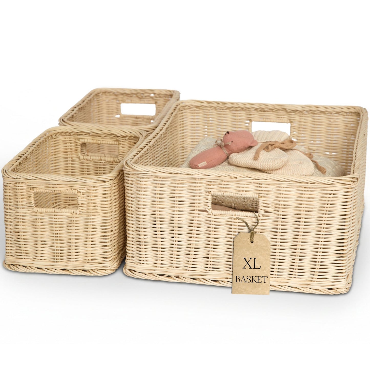 BEBE BASK Handwoven Rattan Wicker Basket Set of 3 (17 × 13 × 7 in) – Wicker Baskets For Organizing, Woven Basket, Wicker Storage Baskets For Shelves, Home, Nursery & Toy Storage