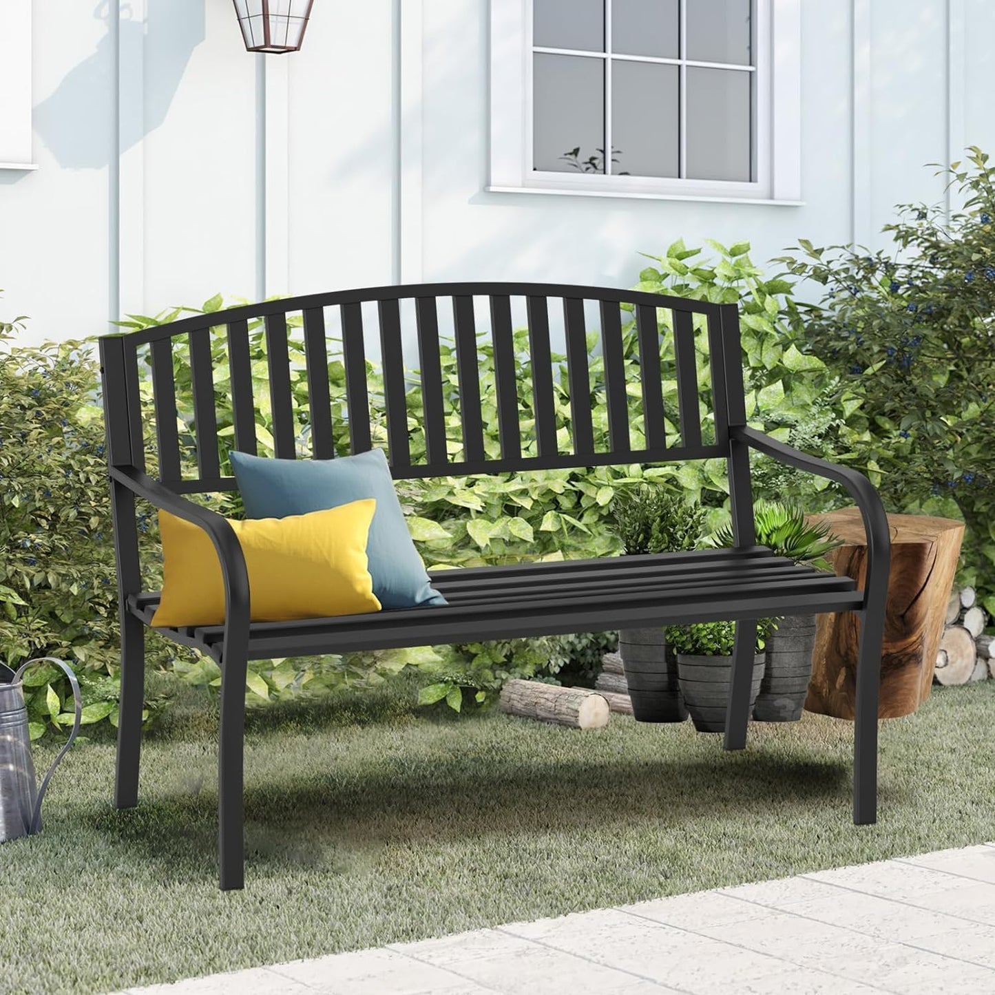 On Shine 50'' Outdoor Bench Weatherproof, Cast Iron All Metal Frame Garden Bench, Anti-Rust Patio Park Bench Clearance for Front Porch, Yard, Lawn, Deck