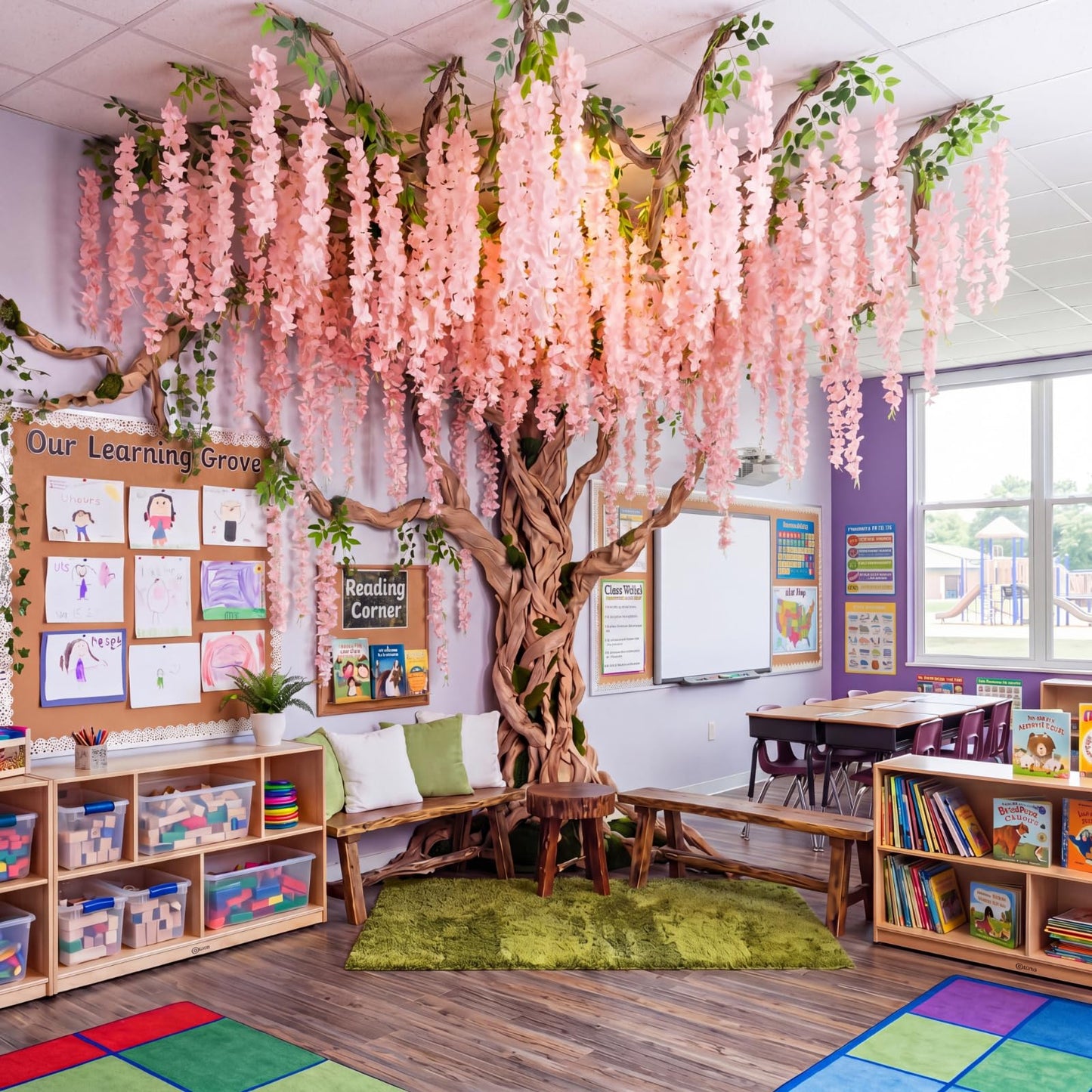 XunYee 3D Wisteria Tree Wall Decor for Room Classroom Ceiling Artificial Wisteria Hanging Flowers DIY Cardboard Paper Tree with Green Vine Kraft Paper Fairy Bulletin Board Decorations(Pink)