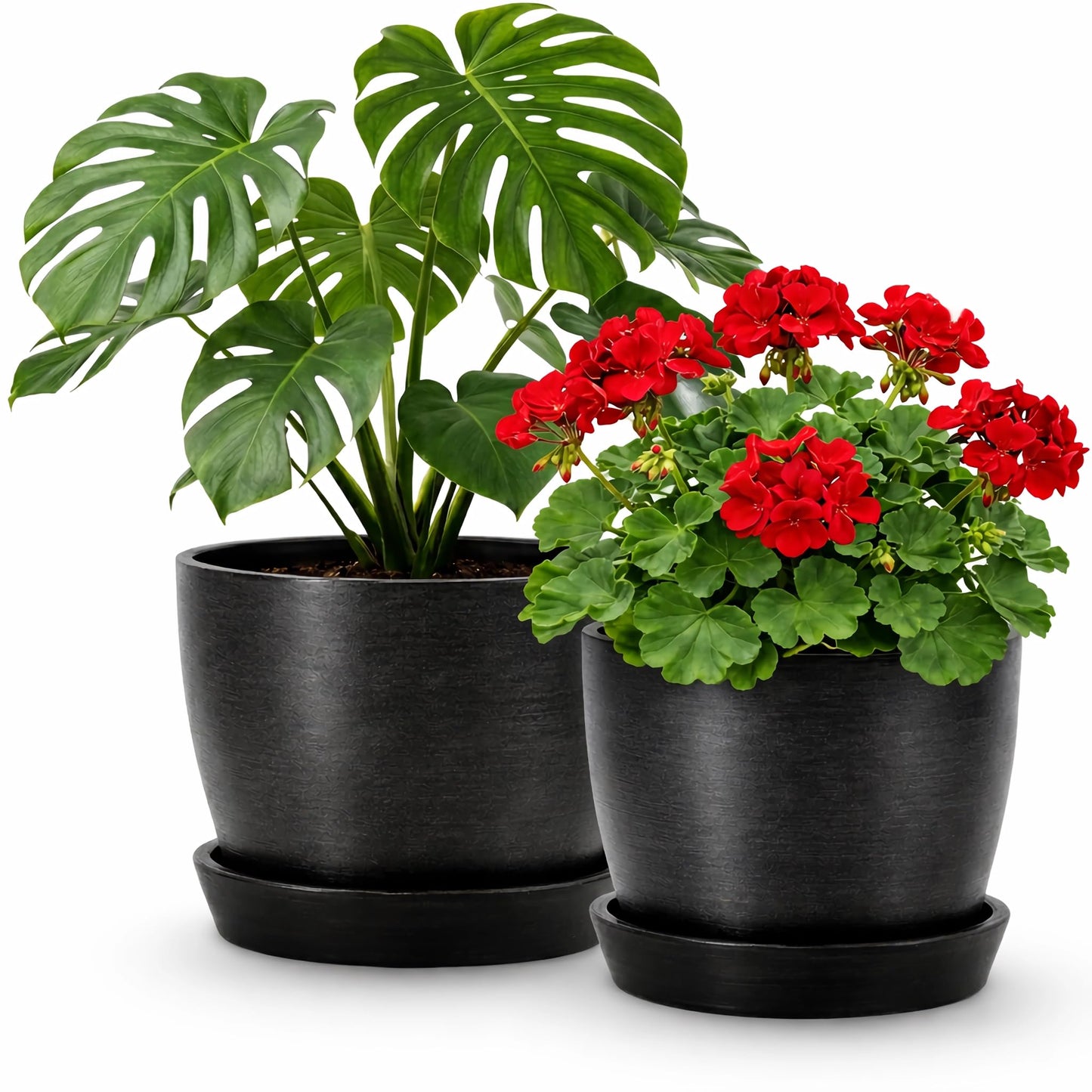 Kin 'n' Kind Set of 2 Minimalist Plant Pots (6.5" & 5.5") – Modern Indoor Planters with Drainage & Saucers – Durable Eco-Conscious Composite, Indoor/Outdoor – Marin Night Black