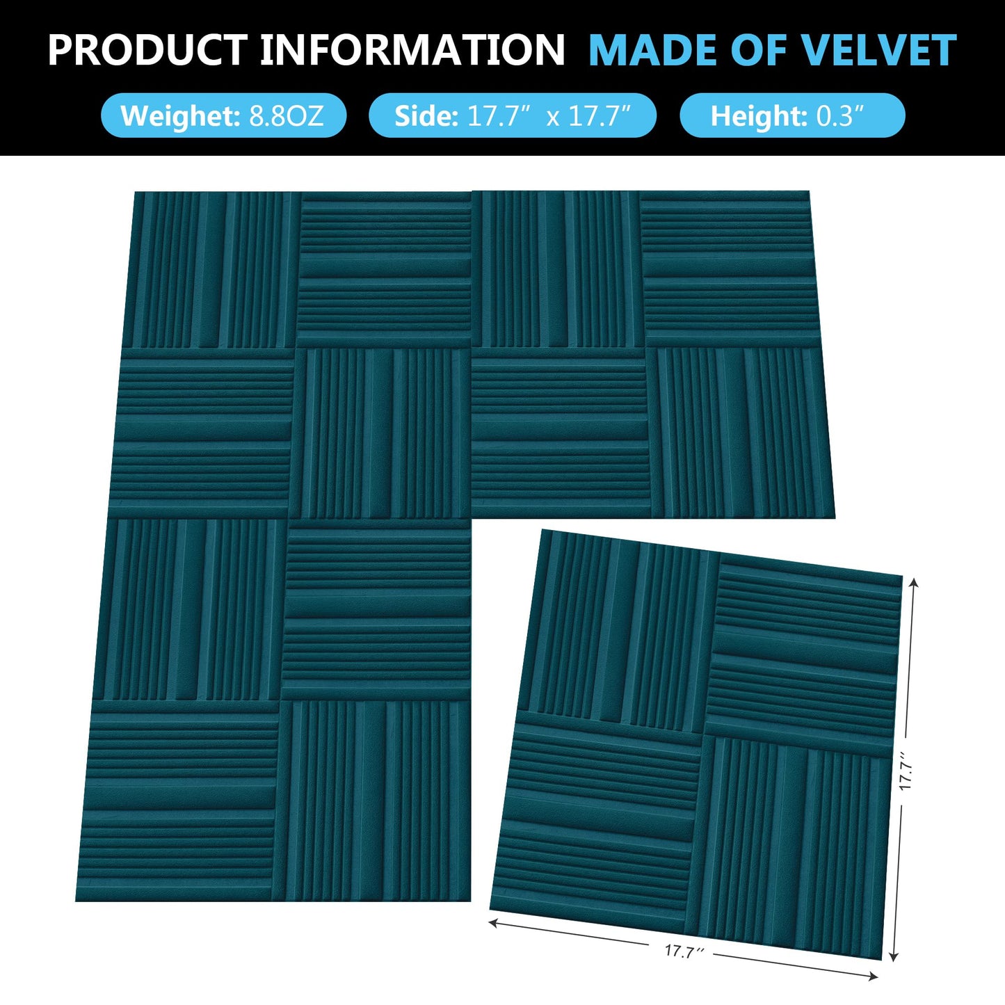 Aurawall Velvet 3d wall panels for Interior wall Decor peel and stick, Soundproof Geometric Textured 3d Wall Panels for Living Room, Bedroom, TV Background 17.7" x 17.7", Covers 26.15 Sq.Ft 12pcs Teal