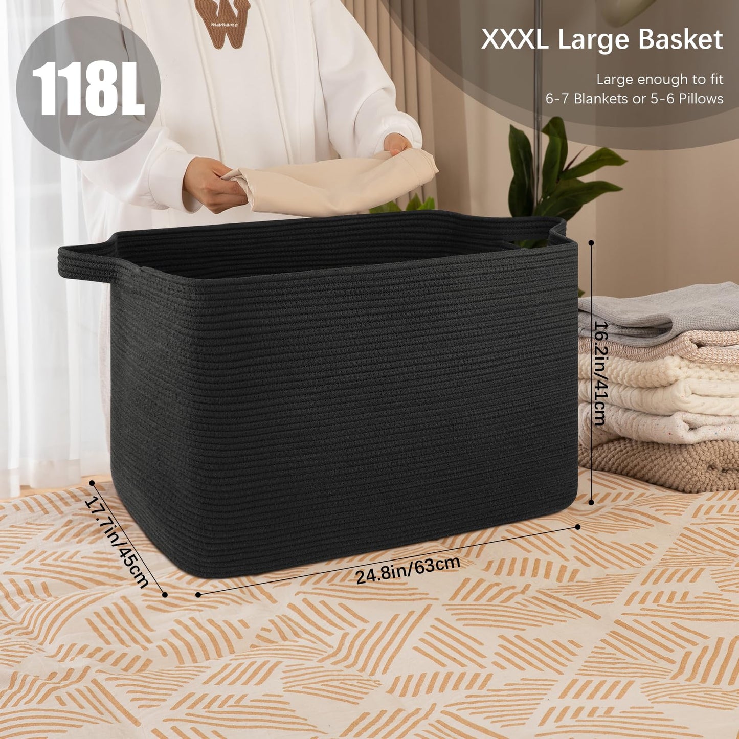 OIASKET 118L Extra Large Blanket Basket, 24.8"x17.7"x16.2" Woven Rope Baskets for Storage, Nursery Blanket Storage for Living Room, Toy Basket with Handle Organizing Comforter Cushions Pillows, Black