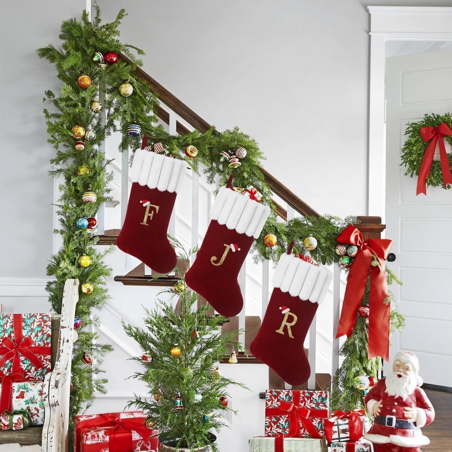 Yehnois 20 Inch Personalized Christmas Stocking,Red Velvet with Embroidered Initial,Holiday Xmas Party Decor Letter C