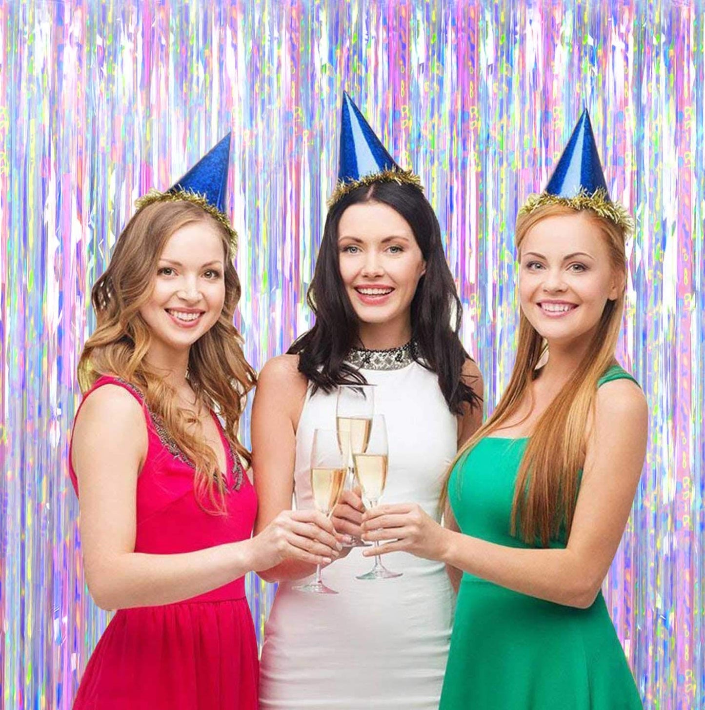 FECEDY 2pcs 3ft x 8.3ft Shiny Corlorful Metallic Tinsel Foil Fringe Curtains Photo Booth Props for Engagement Bridal Shower Bachelorette Baby Shower Bachelorette Holiday Celebration Party Decorations